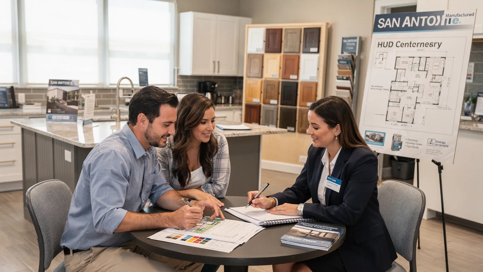 A couple in a San Antonio manufactured home showroom sitting with a loan specialist at a small round table, reviewing chattel loan terms and floor plans. A model HUD Code manufactured home kitchen is visible in the background, with sample cabinet finishes and a floor plan board on an easel.
