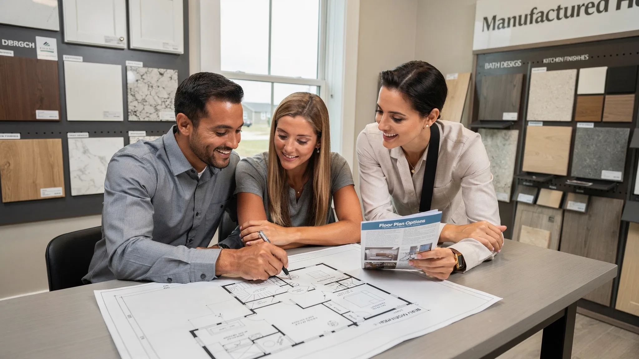A couple reviewing detailed manufactured home floor plans with a housing consultant inside a bright showroom featuring kitchen and bath finish samples.
