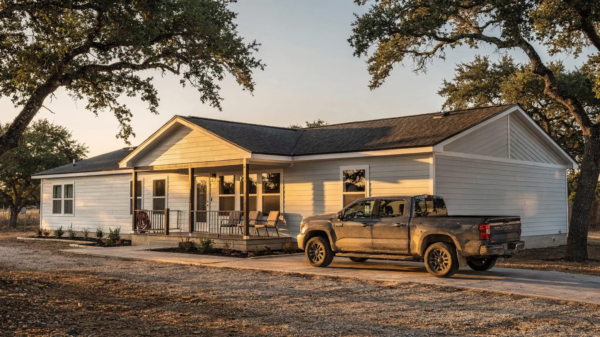 A modern double wide manufactured home with a pitched roof and front porch set on a neatly graded lot outside San Antonio, Texas, with live oaks and a pickup truck in the driveway. Golden evening light emphasizes the horizontal siding and large windows.