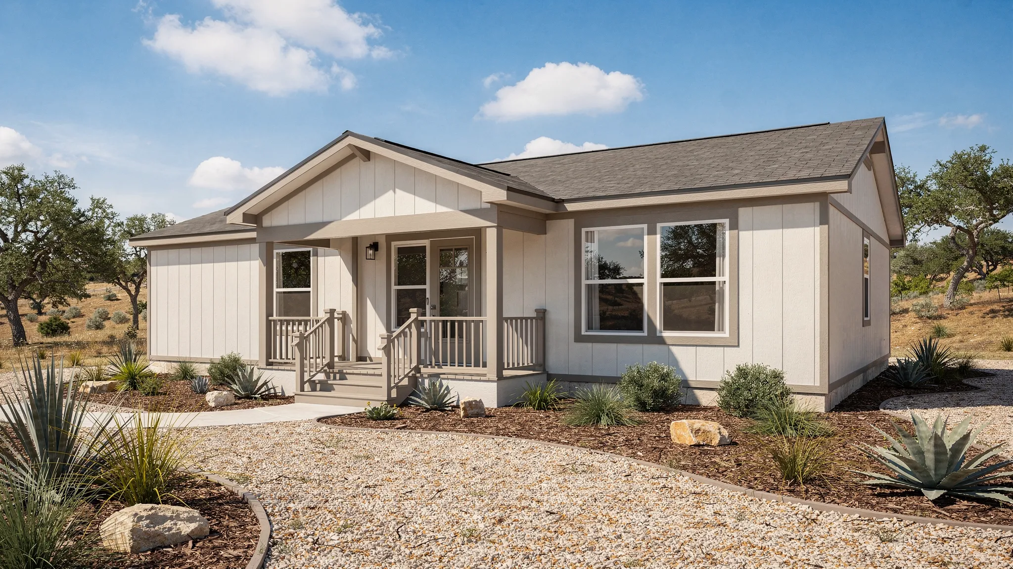 A modern manufactured home set on a landscaped lot in the San Antonio area, with a small front porch, energy-efficient windows, and native Texas plants, under a bright Hill Country sky.