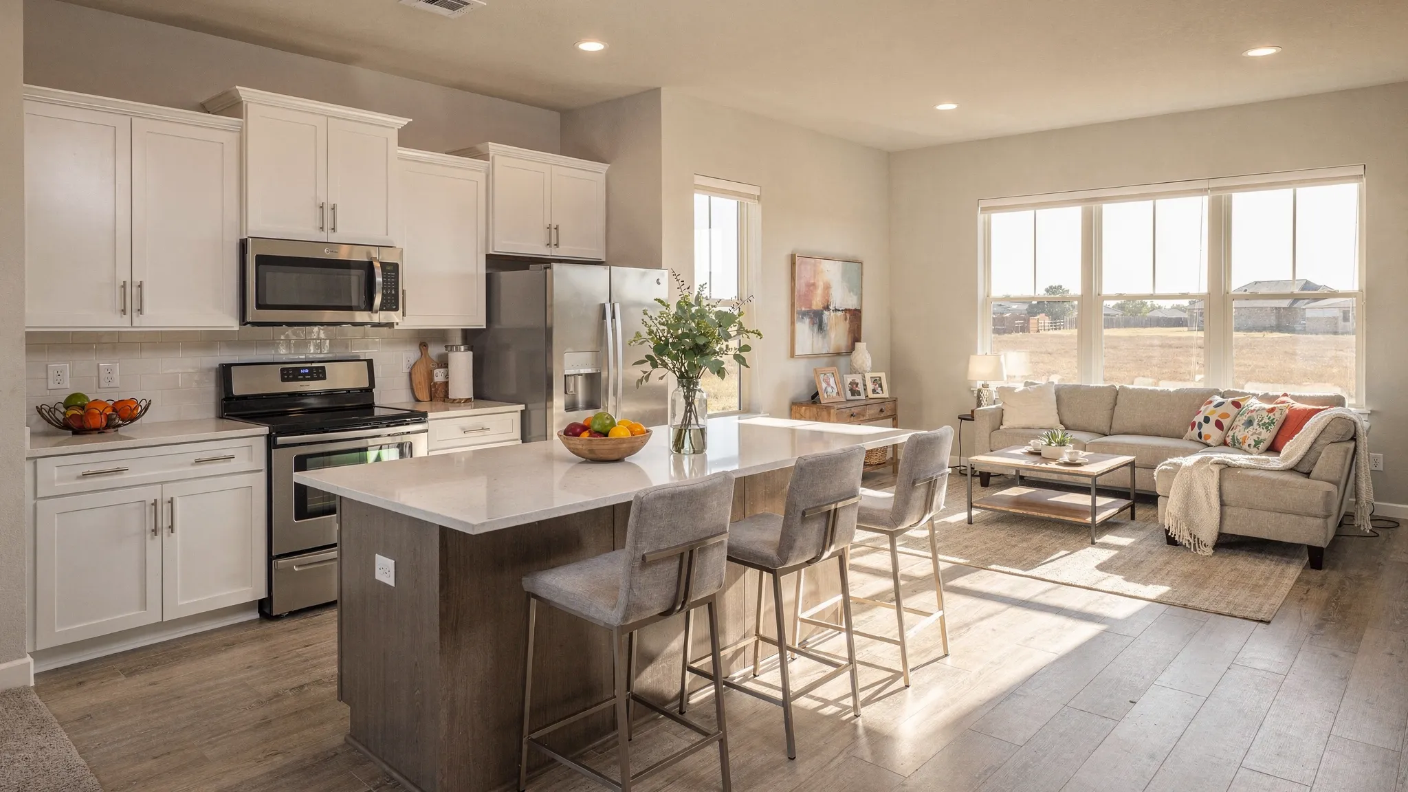 Bright, modern manufactured home kitchen and living area with shaker cabinets, a large island, energy-efficient appliances, and abundant natural light, staged for a family in San Antonio.