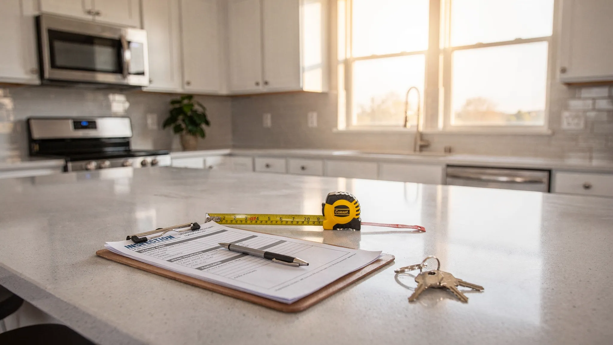 A bright manufactured home kitchen in San Antonio with an inspection checklist, tape measure, and set of house keys neatly arranged on a countertop, morning light coming through energy efficient windows.