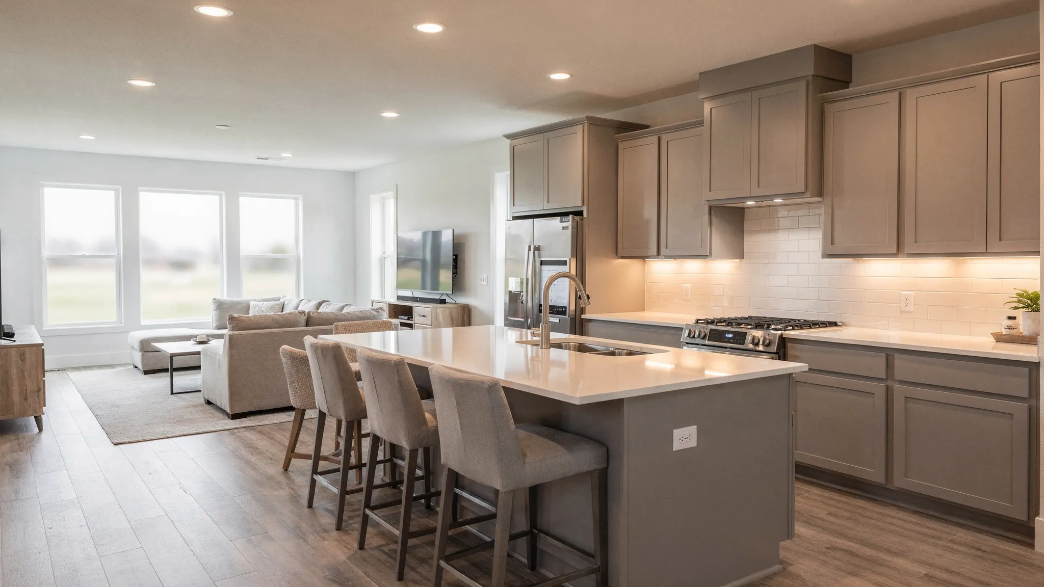 A bright, modern manufactured home interior with an open-concept kitchen and living room, a large island with seating, contemporary cabinetry, recessed lighting, and wide windows letting in daylight.