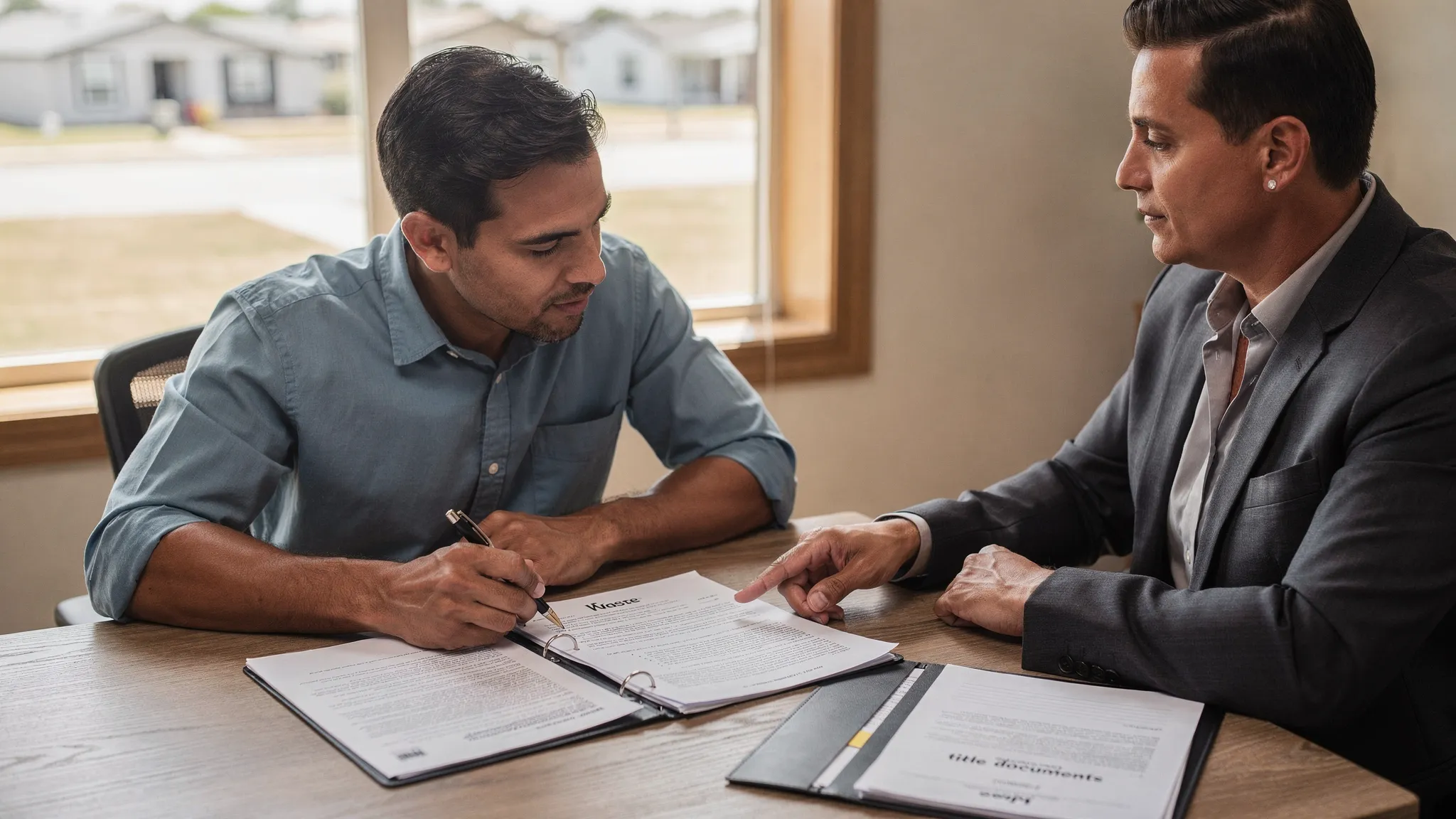 A buyer in San Antonio reviewing a manufactured home lease-option agreement at a table with a folder labeled “title documents,” while a housing professional points to key terms on the contract.
