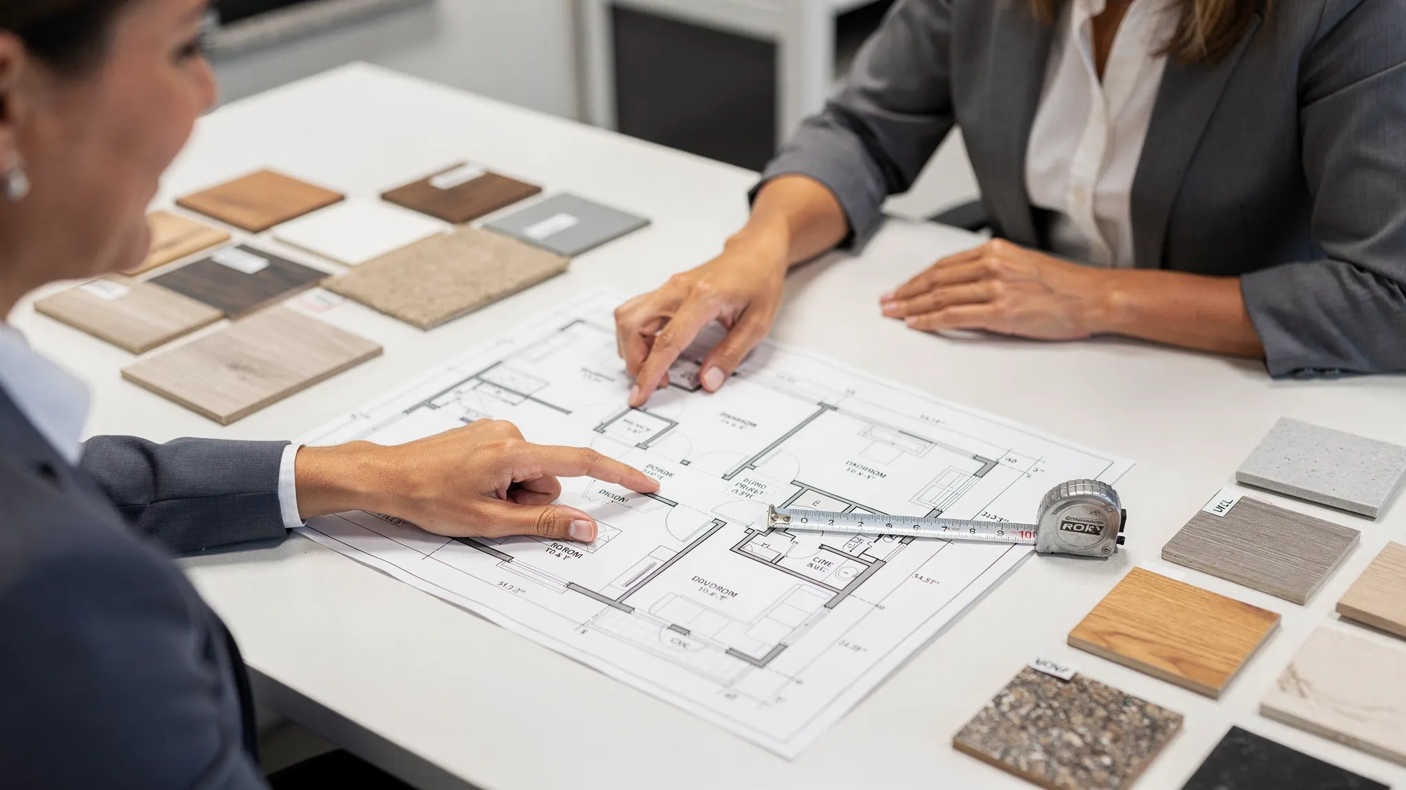A buyer reviewing a printed manufactured home floor plan at a sales desk with sample material swatches and a measuring tape, focusing on practical decisions like room layout and storage.