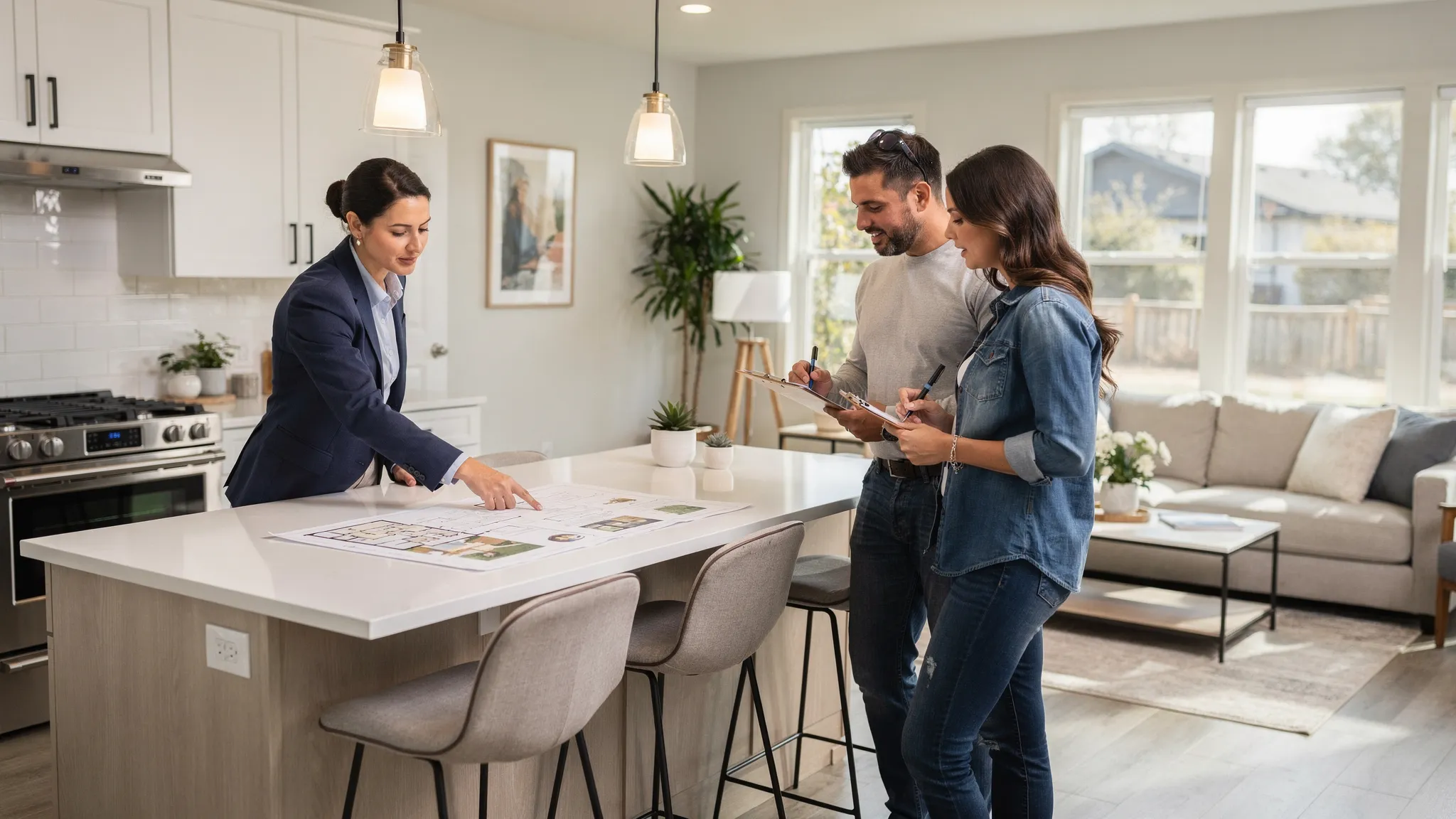 A couple touring a bright, modern manufactured home interior with an open kitchen, island, and living area; they are taking notes while a salesperson points to a floor plan brochure on a counter.