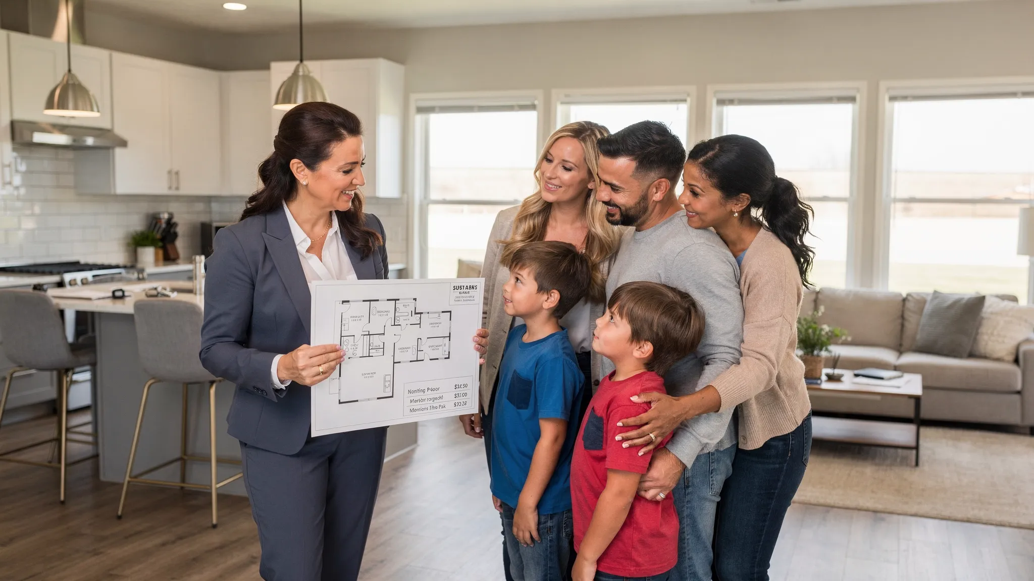 A family touring a modern manufactured home interior with an agent, standing in an open-plan kitchen and living area with natural light, showing a printed floor plan while discussing monthly costs and purchase options.