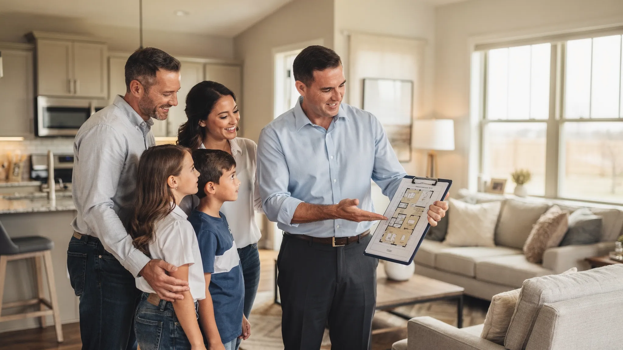 A family touring a modern manufactured home interior with an open kitchen and living area, while a sales consultant points out a floor plan on a clipboard.