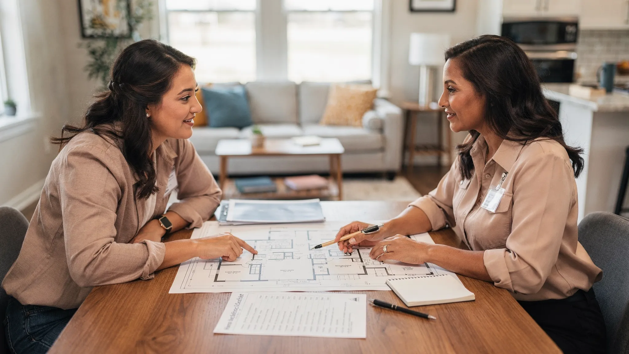 A homebuyer speaking with a housing consultant at a table, reviewing printed floor plans and a checklist, with a model manufactured home interior in the background.