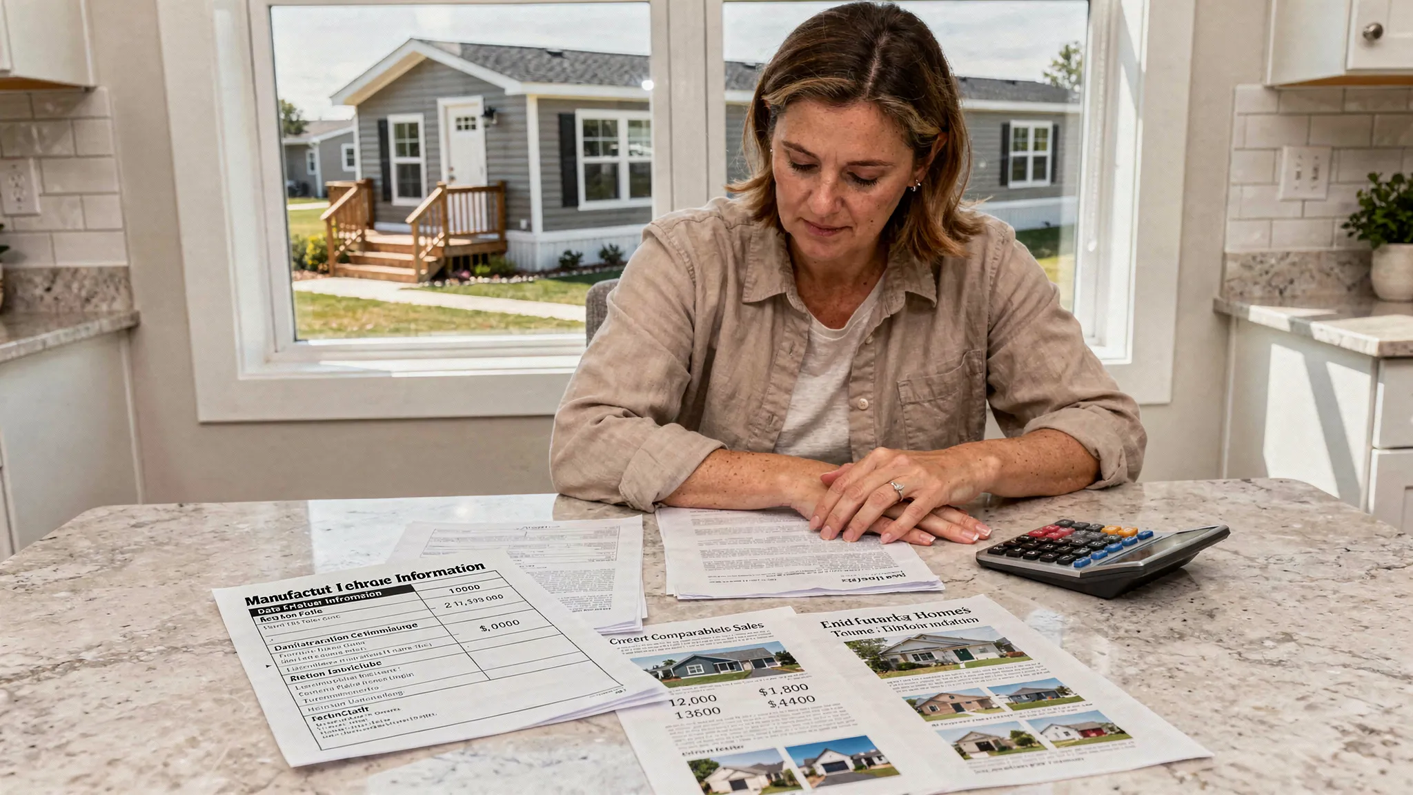 A homeowner at a kitchen table reviewing a manufactured home data plate info sheet, recent comparable sale printouts, and a simple calculator, with a modern manufactured home visible through a window in the background.