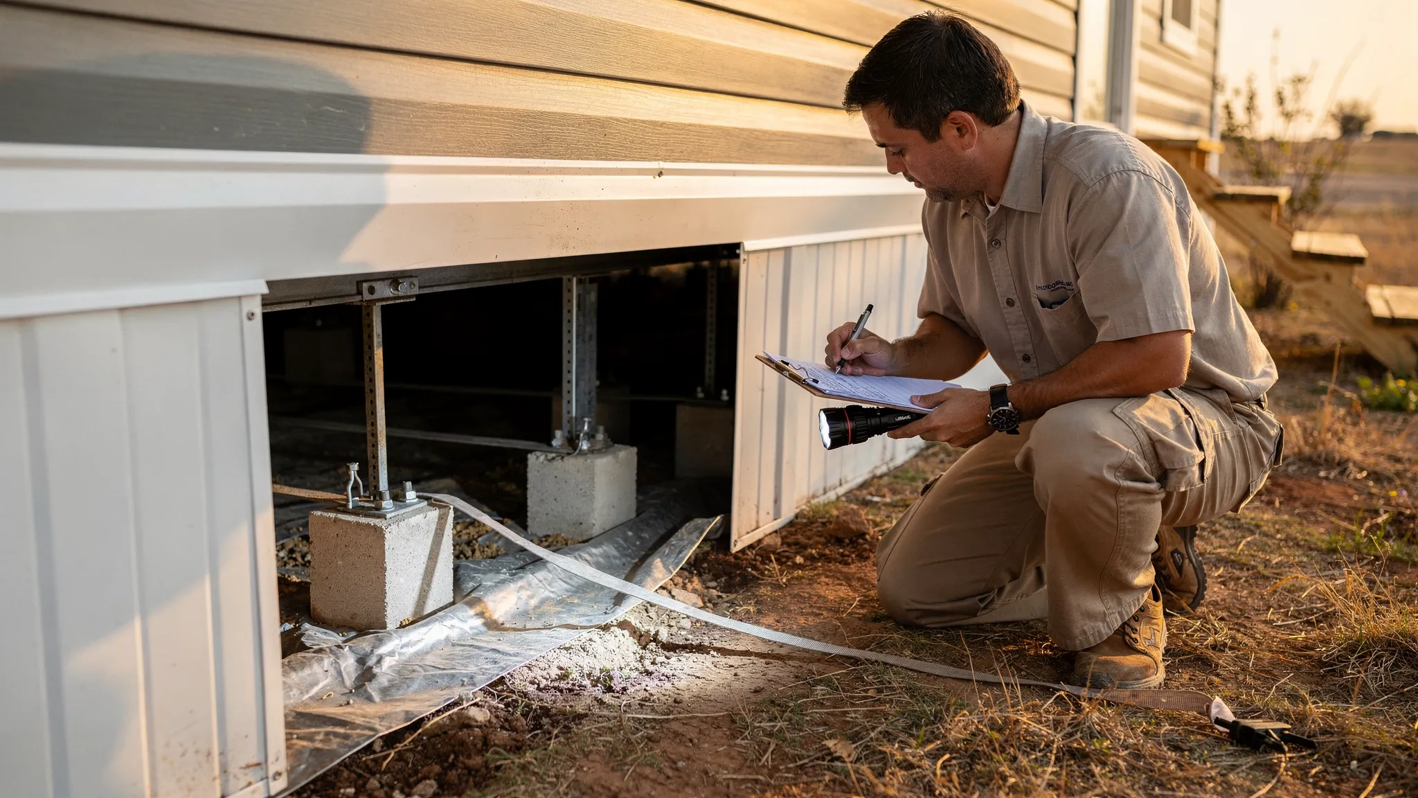 A licensed inspector kneels beside an opened skirting panel of a manufactured home in Texas, shining a flashlight to examine piers, tie downs, and moisture barrier in the crawlspace while noting findings on a clipboard.