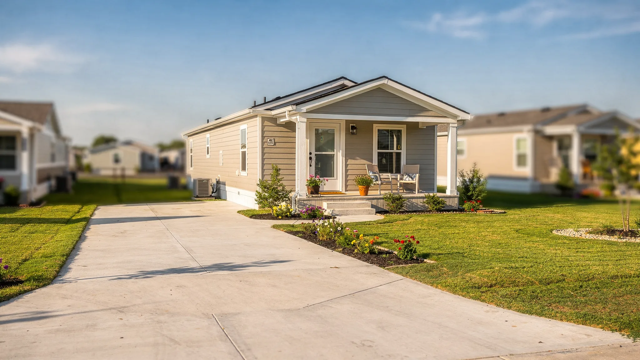 A modern manufactured home in a sunny Texas neighborhood with a clean driveway, landscaped yard, and a small front porch, illustrating curb appeal and resale value factors.