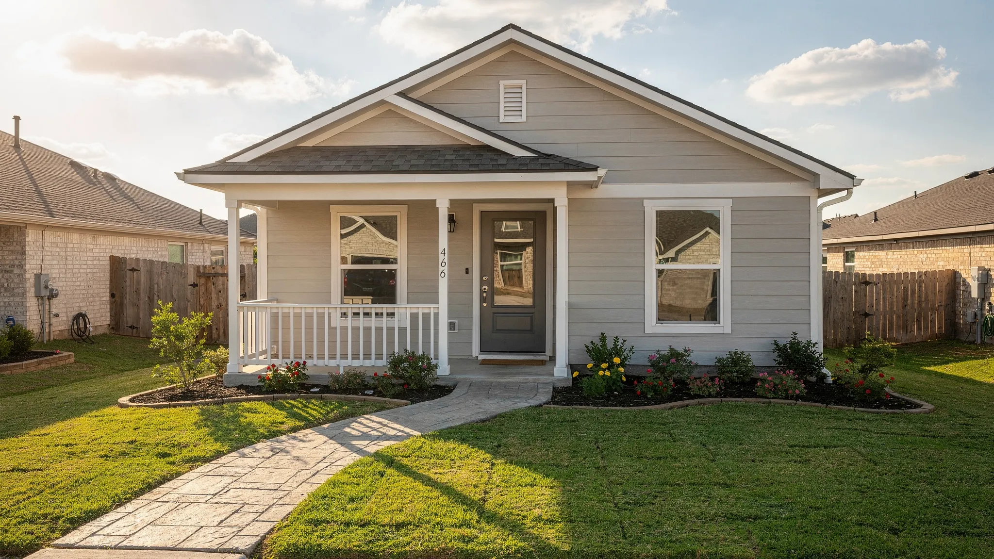 A modern new manufactured home exterior in a Texas suburban setting with a clean porch entry, neutral siding, and landscaped front path; the scene suggests move-in-ready curb appeal.