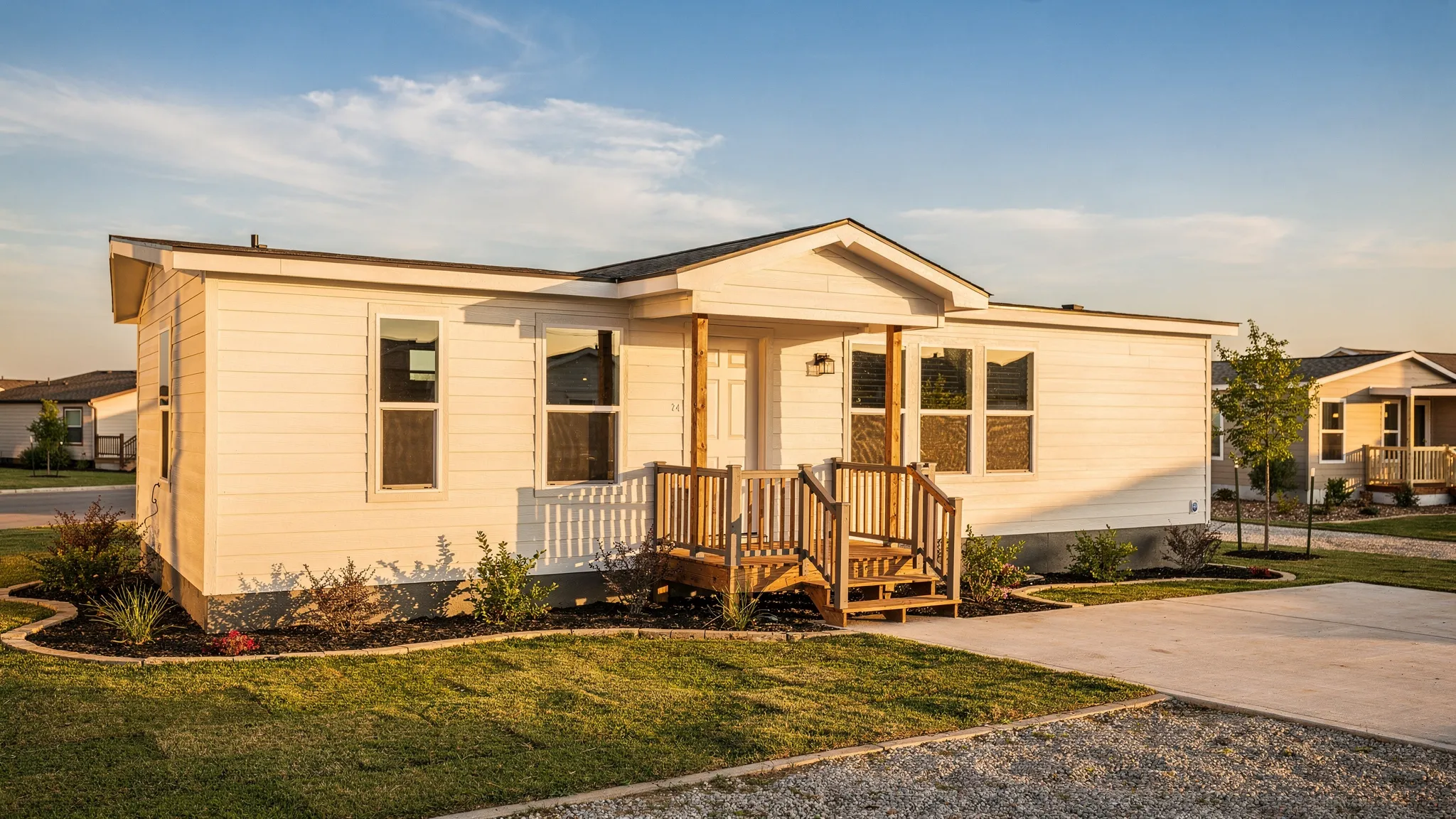 A modern single-section manufactured home exterior in a Texas setting, with clean siding, a small front porch and steps, and tidy landscaping, photographed in warm afternoon light.