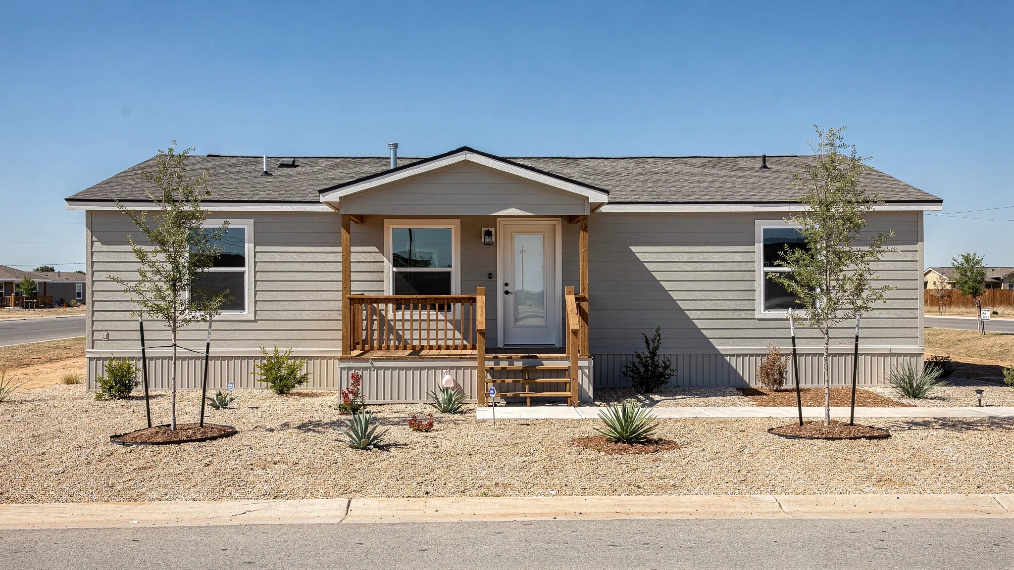 A modern single-story manufactured home exterior in a Texas setting with clean siding, a small front porch with steps, tidy skirting, and simple drought-tolerant landscaping under bright sunlight.