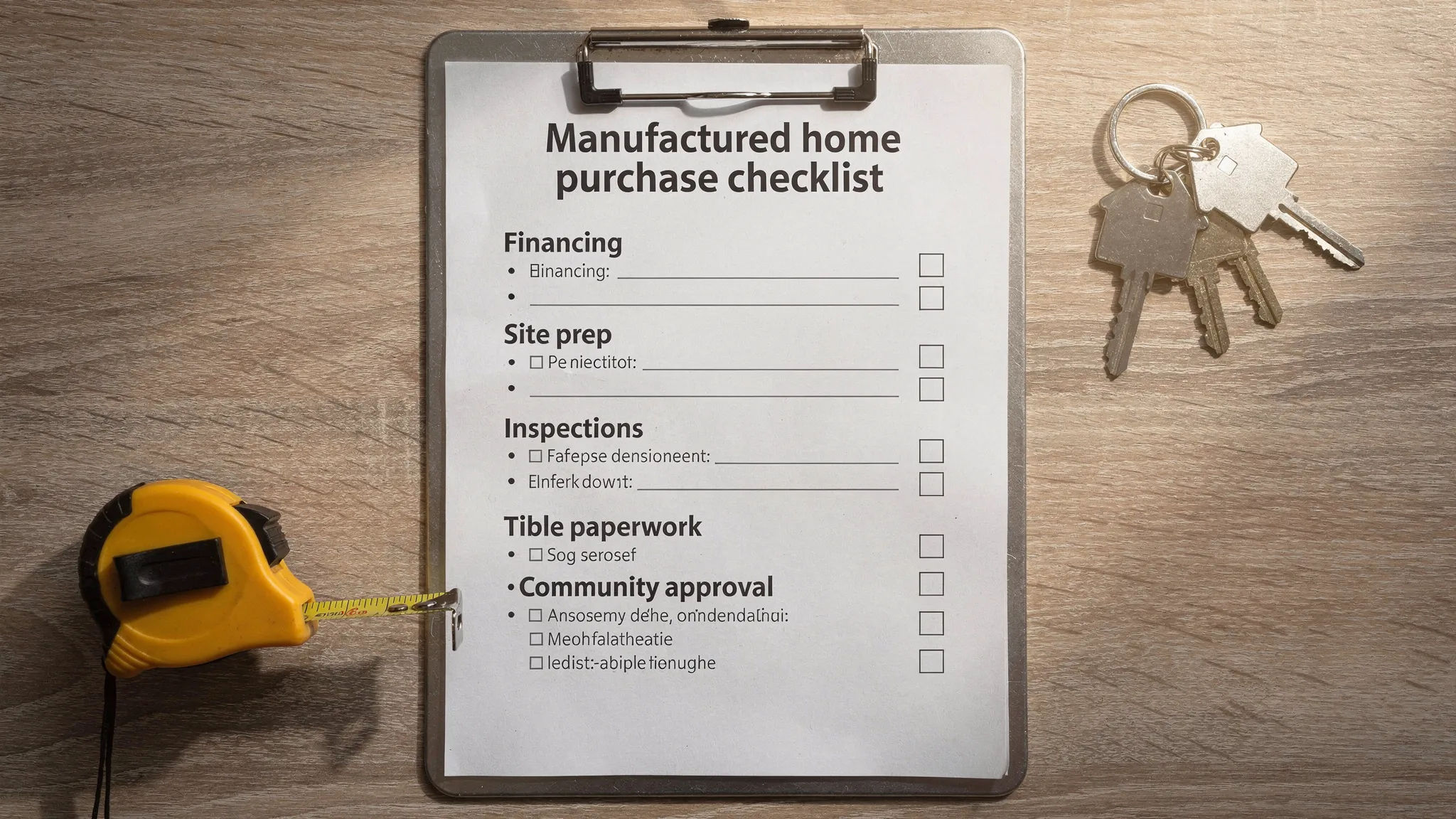 A simple checklist on a clipboard titled “Manufactured home purchase checklist” with sections for financing, site prep, inspections, title paperwork, and community approval, placed next to house keys and a tape measure.