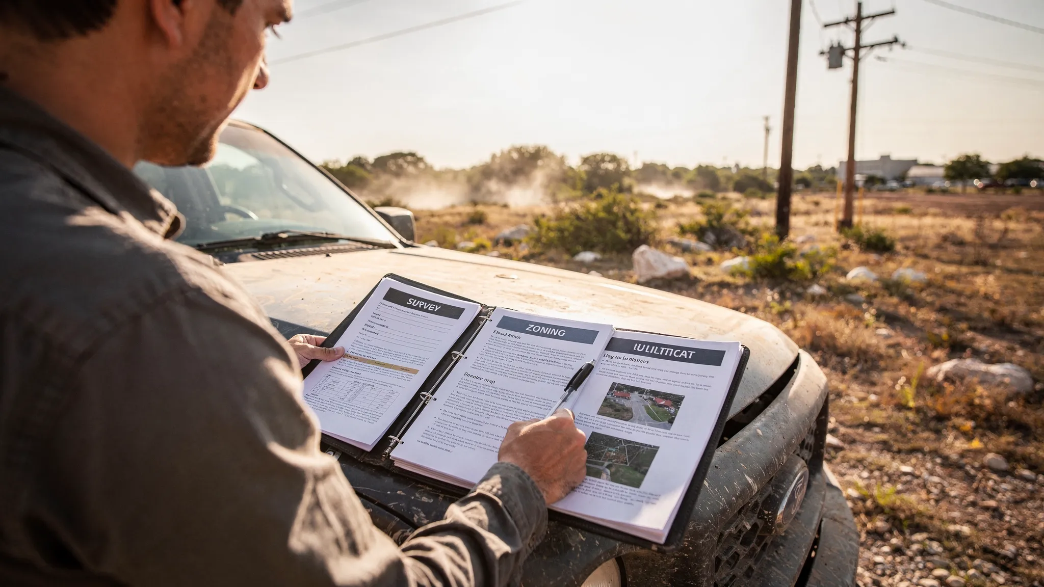 A simple checklist-style scene of a buyer reviewing a property folder on the hood of a truck at a vacant lot near San Antonio, with visible documents labeled survey, zoning, utilities, and flood map, and the lot and utility pole in the background.