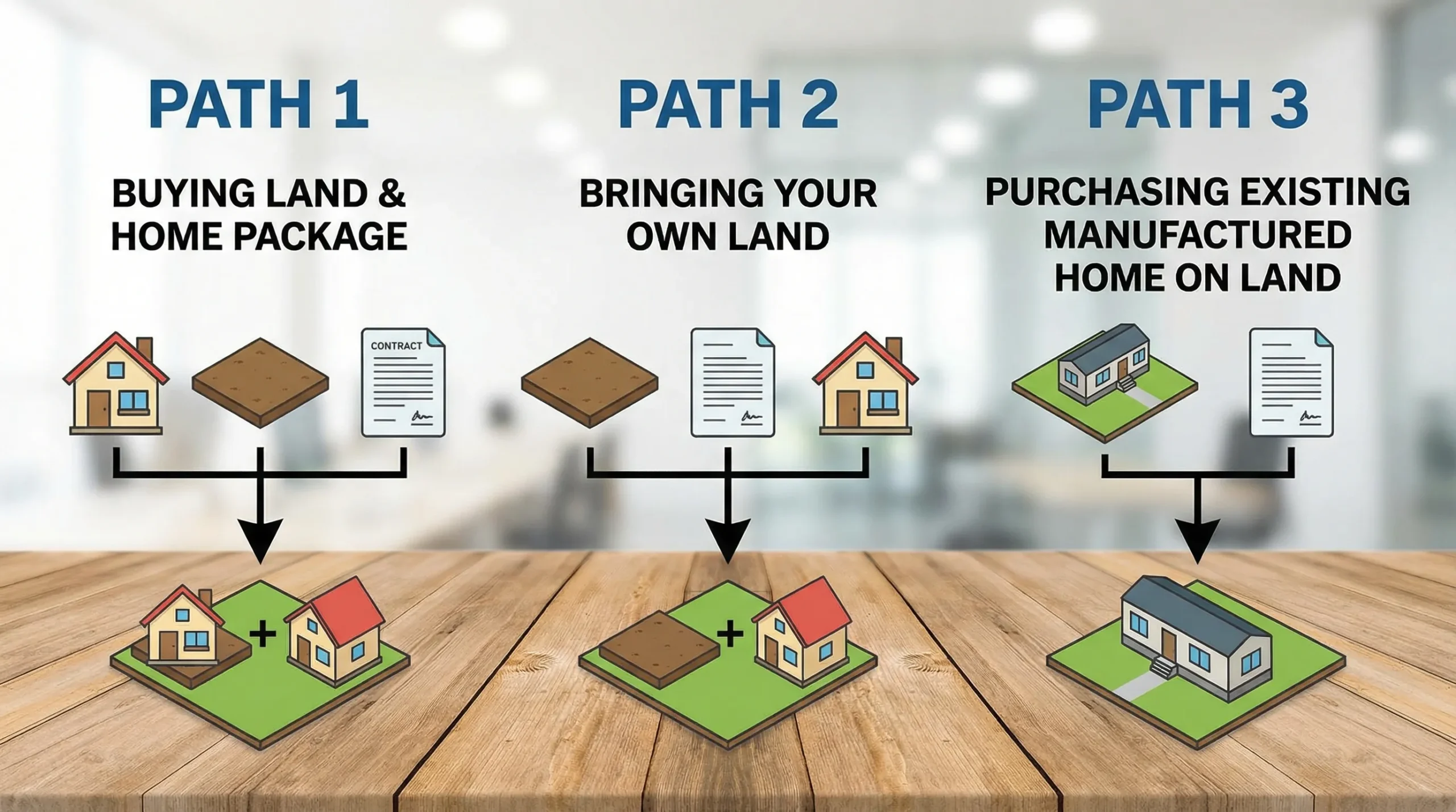 A simple comparison graphic showing three paths: buying a land and home package, bringing your own land, or purchasing an existing manufactured home on land, with icons for home, land parcel, and documents.