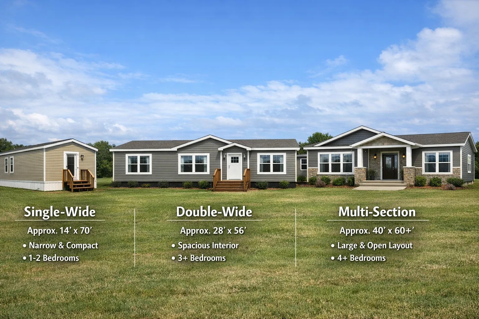 A simple comparison scene showing three manufactured home types side-by-side: a compact single-wide, a standard double-wide, and a larger multi-section home, each labeled with typical size and key feature highlights.