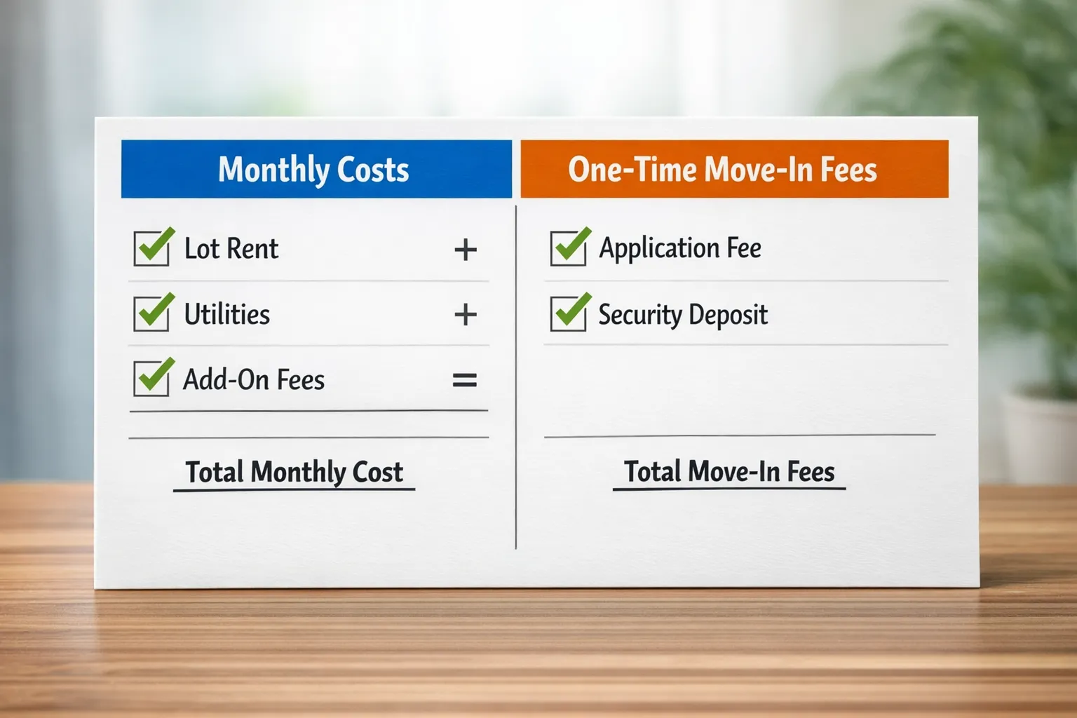 A simple cost breakdown graphic showing monthly lot rent plus utilities plus add-on fees, alongside one-time move-in fees like application and deposit, presented as a clean checklist-style chart.