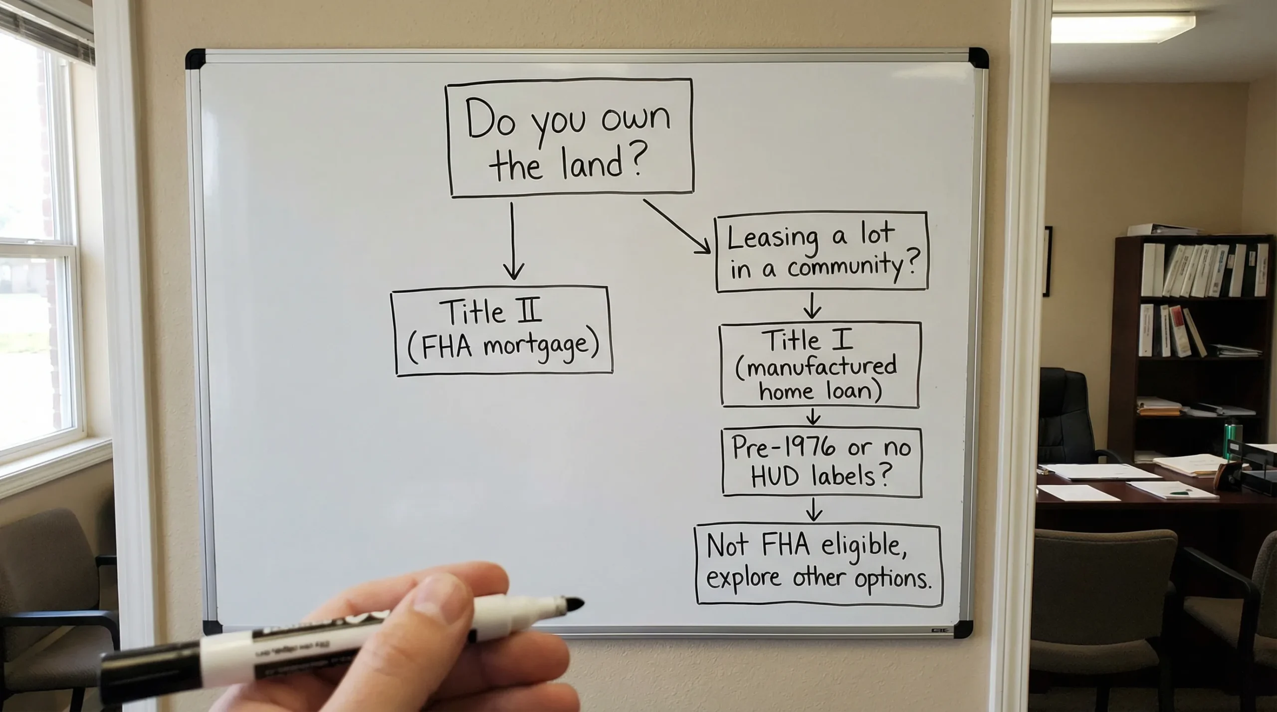 A simple decision flowchart showing three boxes: “Do you own the land?” leading to “Title II (FHA mortgage)”, “Leasing a lot in a community?” leading to “Title I (manufactured home loan)”, and “Pre-1976 or no HUD labels?” leading to “Not FHA eligible, explore other options.”