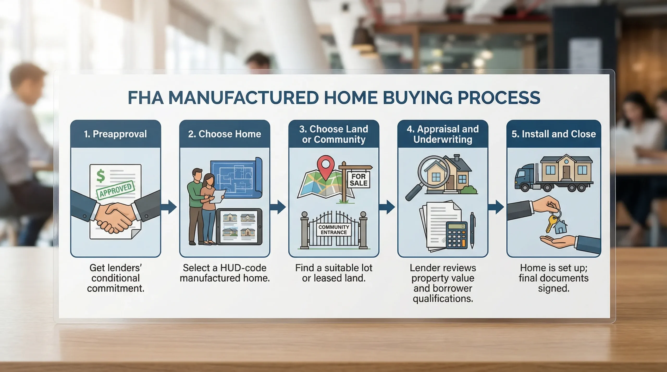 A simple five-step diagram showing the FHA manufactured home buying process: Preapproval, Choose Home, Choose Land or Community, Appraisal and Underwriting, Install and Close.