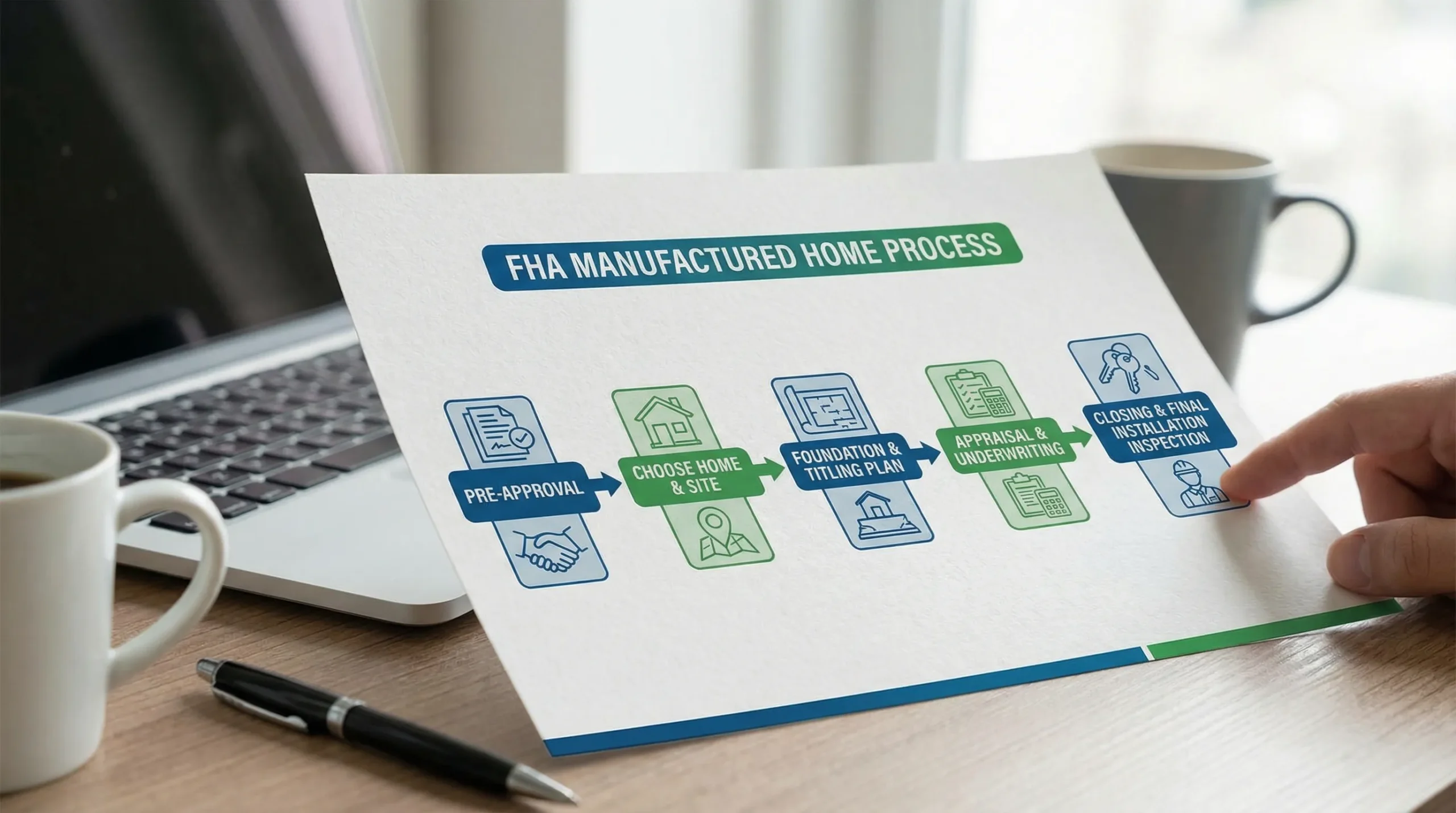 A simple five-step flow diagram showing the FHA manufactured home process: pre-approval, choose home and site, foundation and titling plan, appraisal and underwriting, closing and final installation inspection.