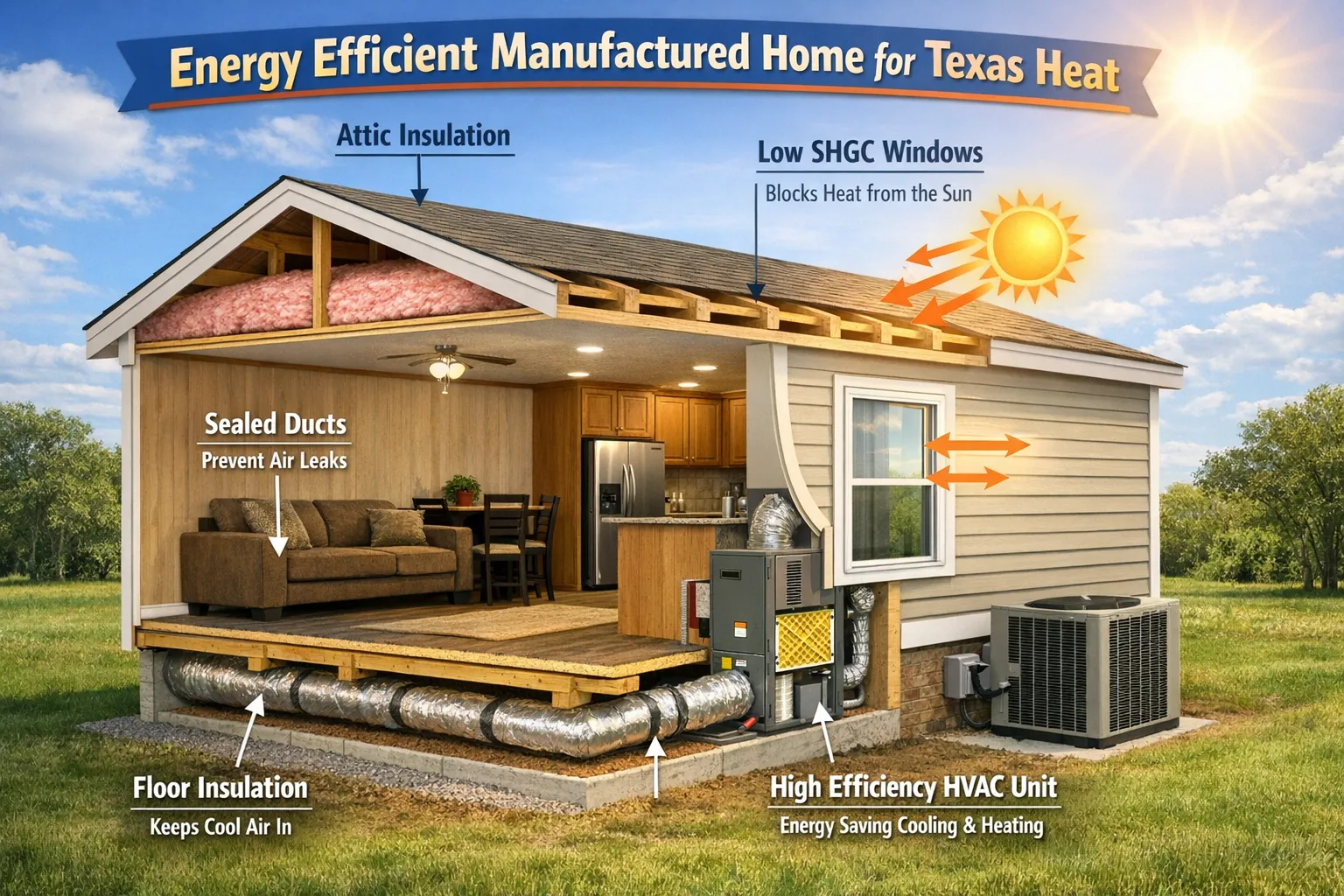 A simple homeowner friendly diagram showing a manufactured home cutaway highlighting insulation, low SHGC windows, sealed ducts, and a high efficiency HVAC unit, labeled for Texas heat.