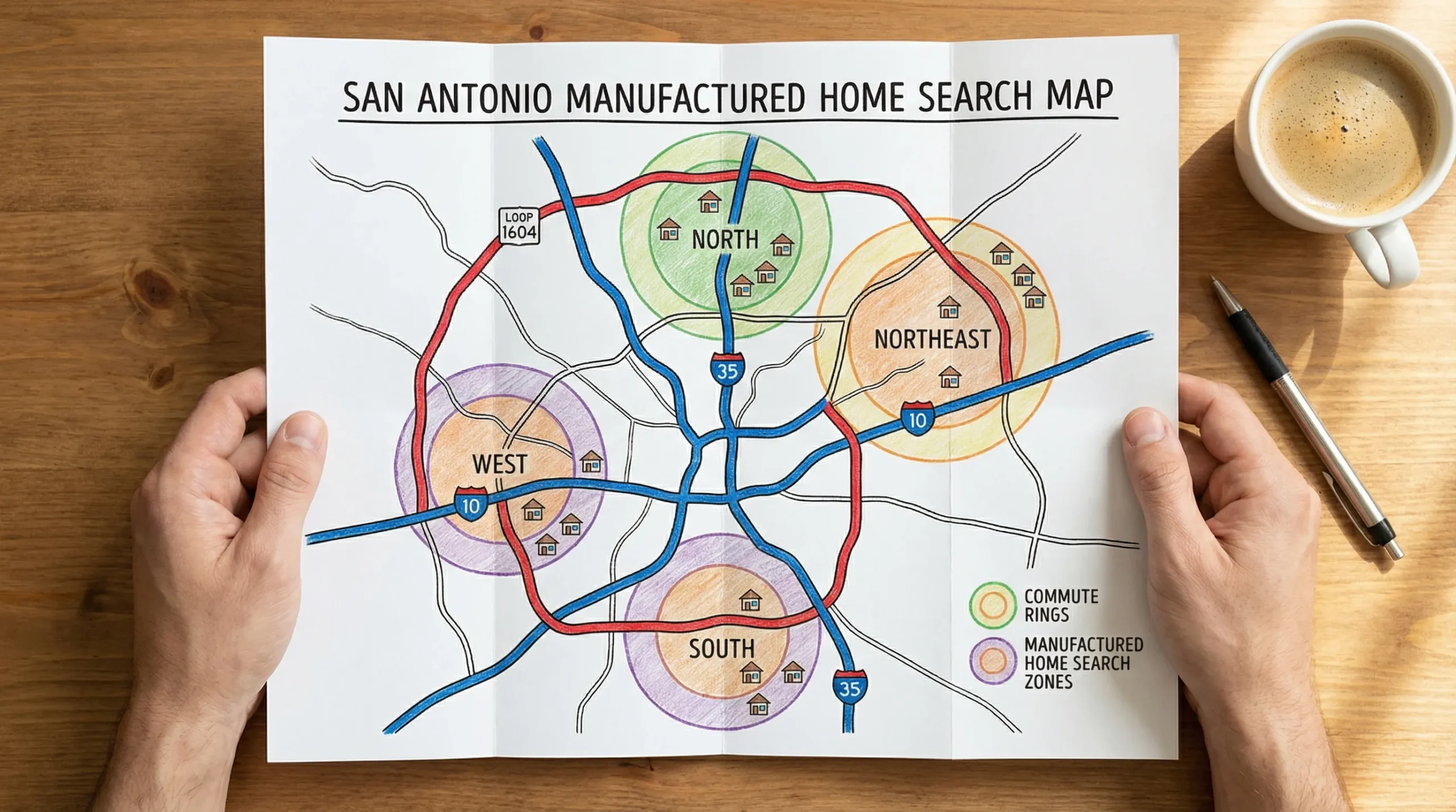 A simple map-style illustration of San Antonio with Loop 1604 and I-35/I-10 highlighted, plus labeled areas north, northeast, west, and south to show typical manufactured home search zones by commute ring.