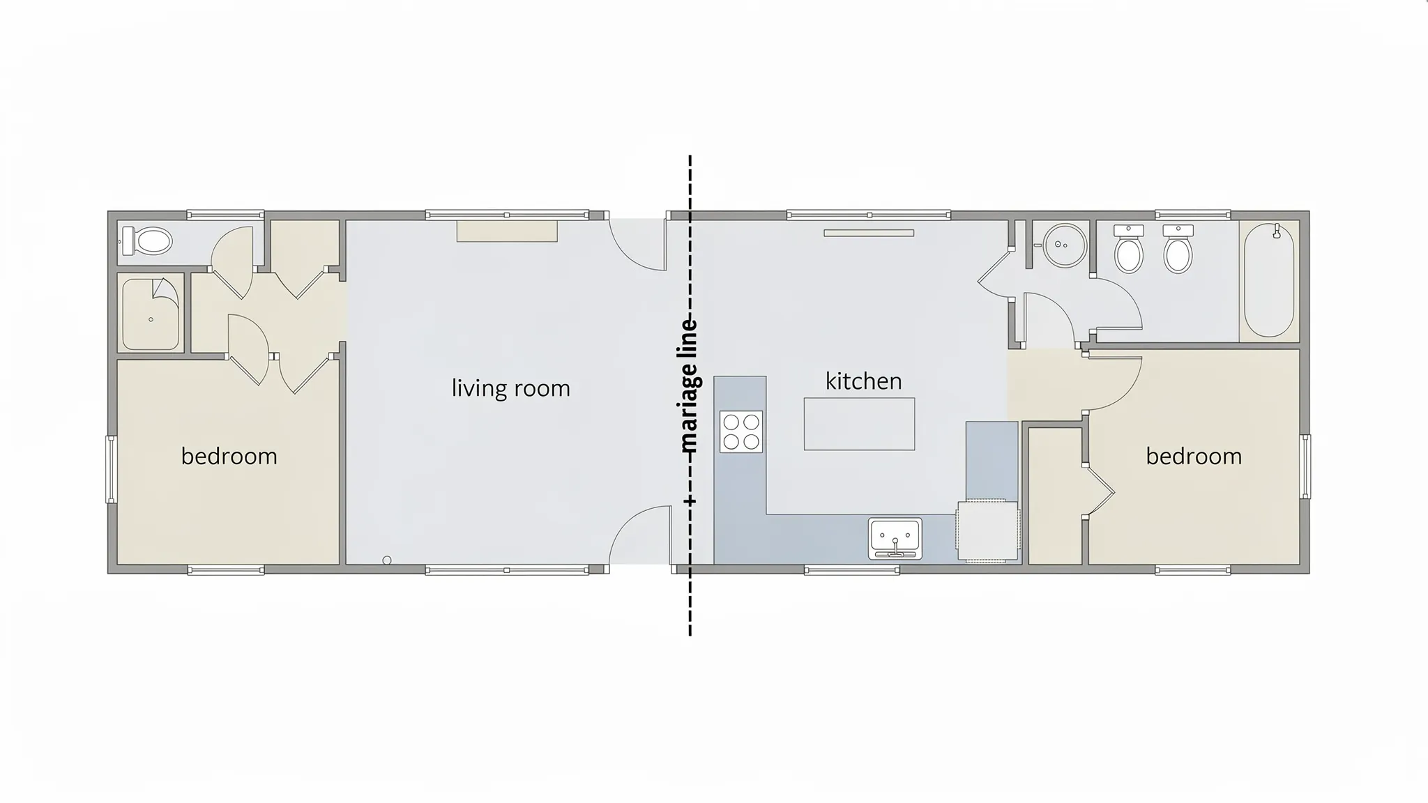 A simple top-down diagram of a double wide manufactured home showing two transportable sections joined together on-site, with the “marriage line” labeled and main rooms (living room, kitchen, bedrooms) indicated.