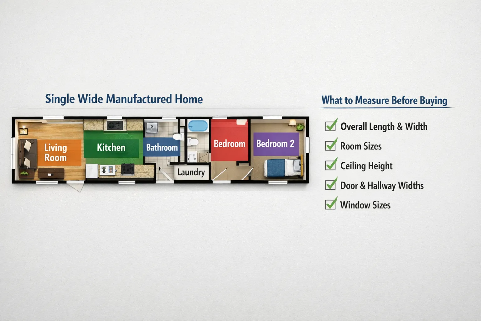 A simple visual comparison showing a single wide manufactured home layout with labeled zones for living room, kitchen, bedrooms, bathrooms, and laundry, alongside a short checklist of what to measure before buying.