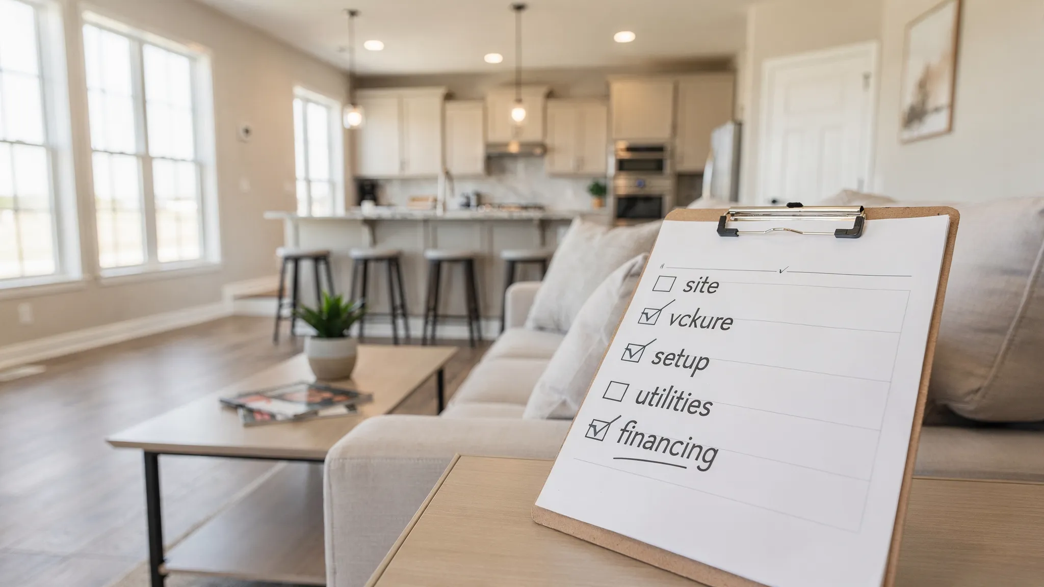A staged modern manufactured home living room with open-concept layout, kitchen visible in the background, and a simple checklist on a clipboard showing “site, setup, utilities, financing” to represent comparing total costs.