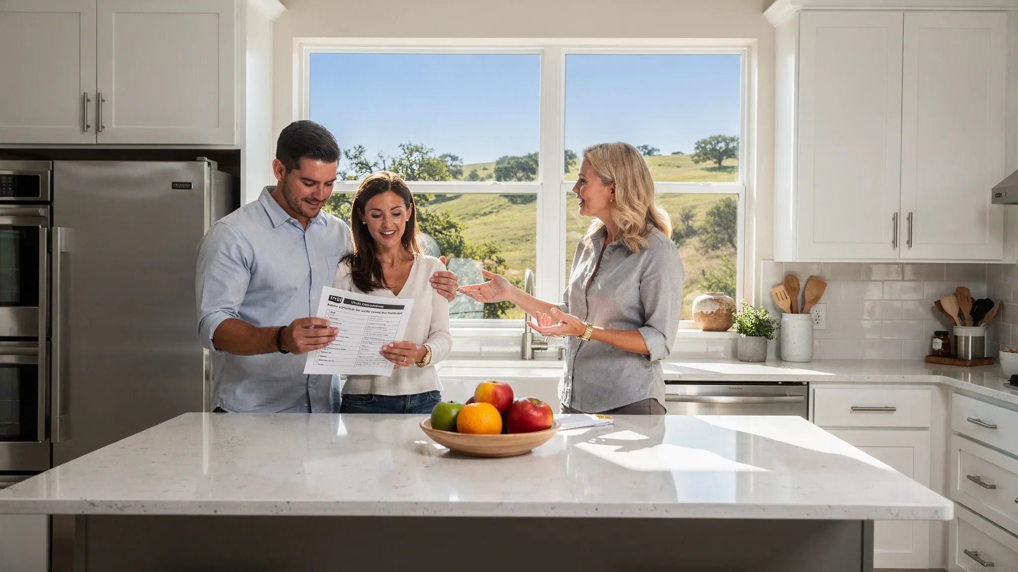 A young couple reviews a printed checklist while touring a bright manufactured home kitchen with a sales consultant, featuring a center island, stainless appliances, and Hill Country views through the window.