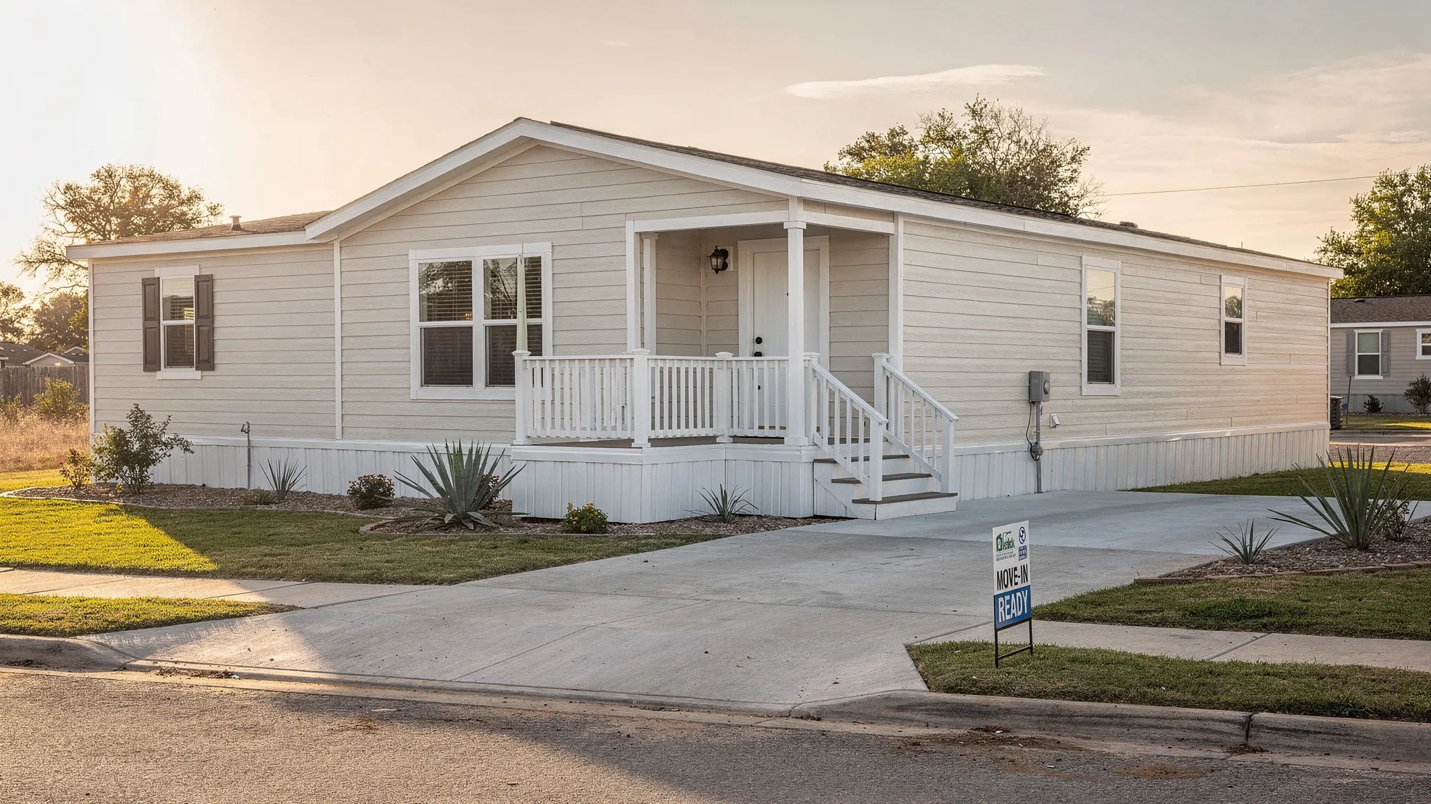 An exterior view of a modern single wide manufactured home in a Texas setting with clean siding, steps, skirting, and a small driveway, illustrating what “move-in ready” setup can look like.