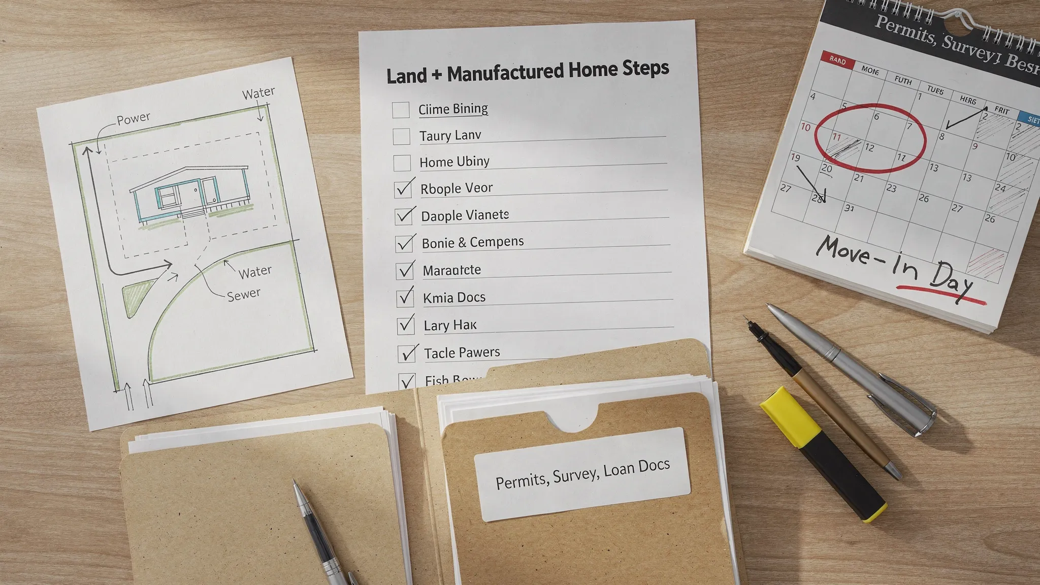 An organized homebuying planning scene showing a paper checklist titled “Land + Manufactured Home Steps,” a simple site sketch of a lot with utility lines, a calendar with a move-in date circled, and a folder labeled “Permits, Survey, Loan Docs.”