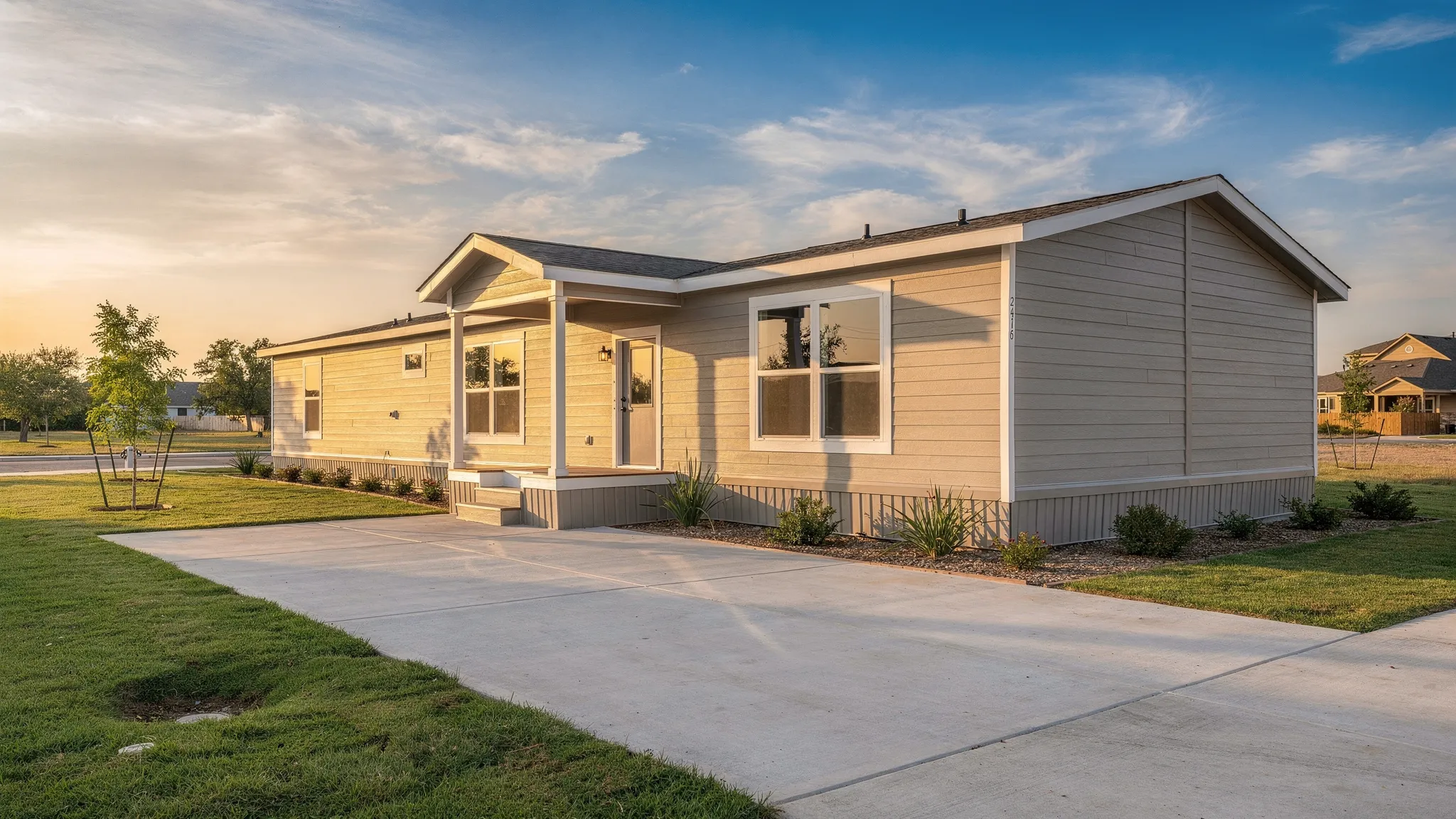 Exterior view of a modern manufactured home in a Texas-style setting, with a clean driveway approach and visible skirting, shown on a sunny day to suggest warm-climate living.