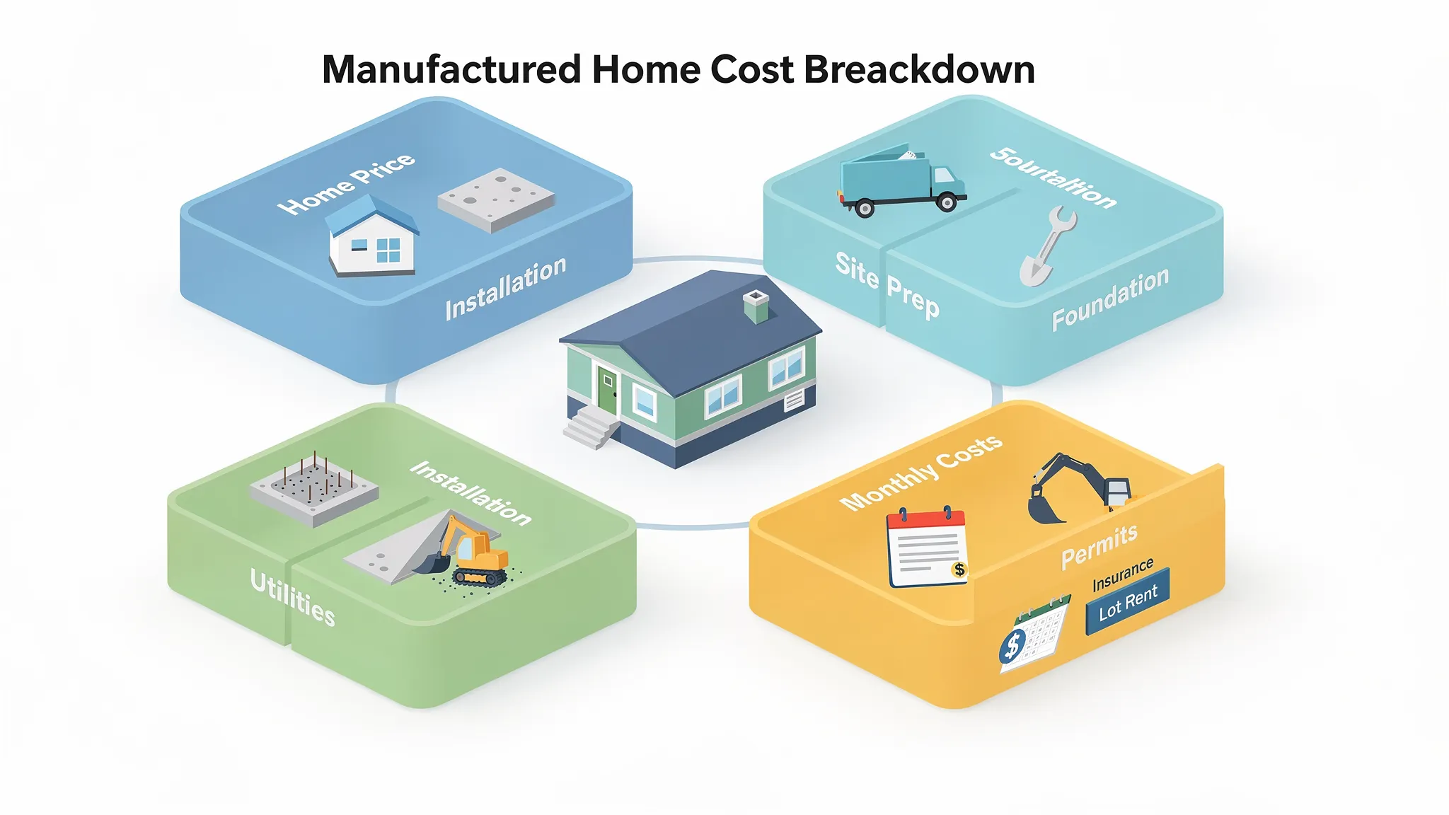 Illustration showing a manufactured home cost breakdown with labeled buckets for home price, delivery, installation, foundation, site prep, utilities, permits, and monthly costs like insurance and lot rent.