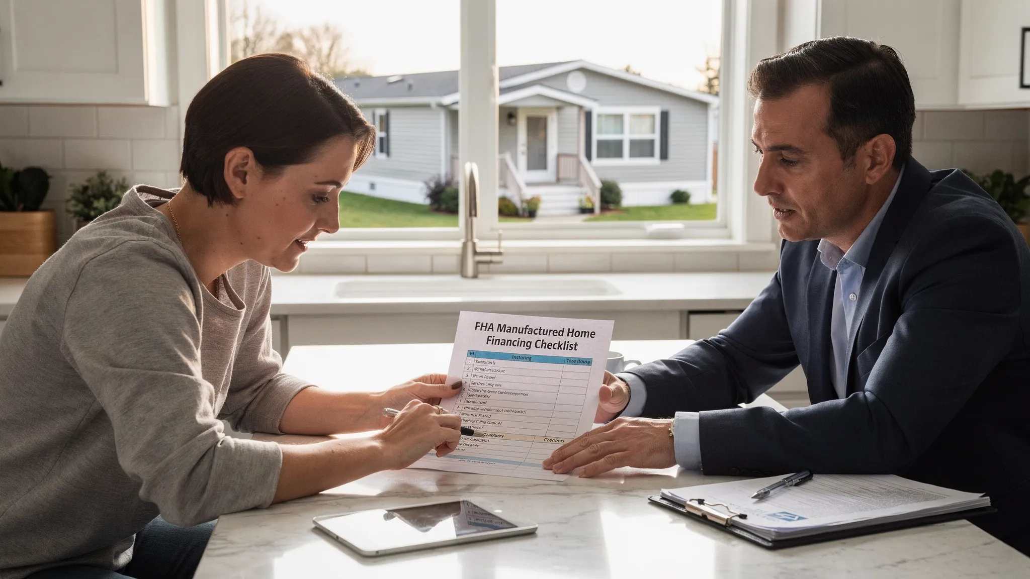 A buyer at a kitchen table reviewing a printed FHA manufactured home financing checklist with a lender, with a modern manufactured home visible through a window in the background.