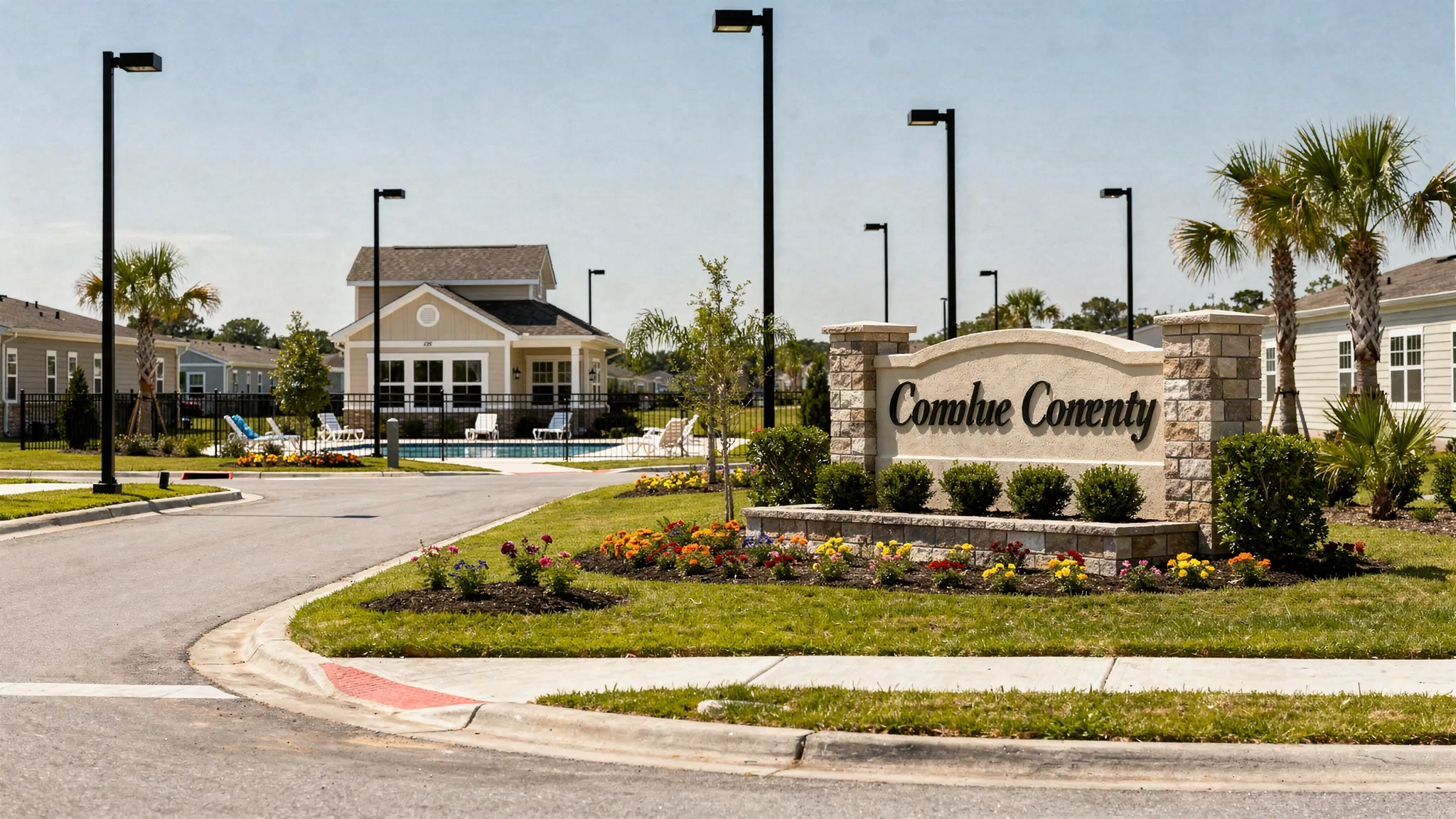 A clean, well-maintained manufactured home community entrance with a visible name sign, landscaped median, wide paved road, street lights, and a small clubhouse and pool area in the background.