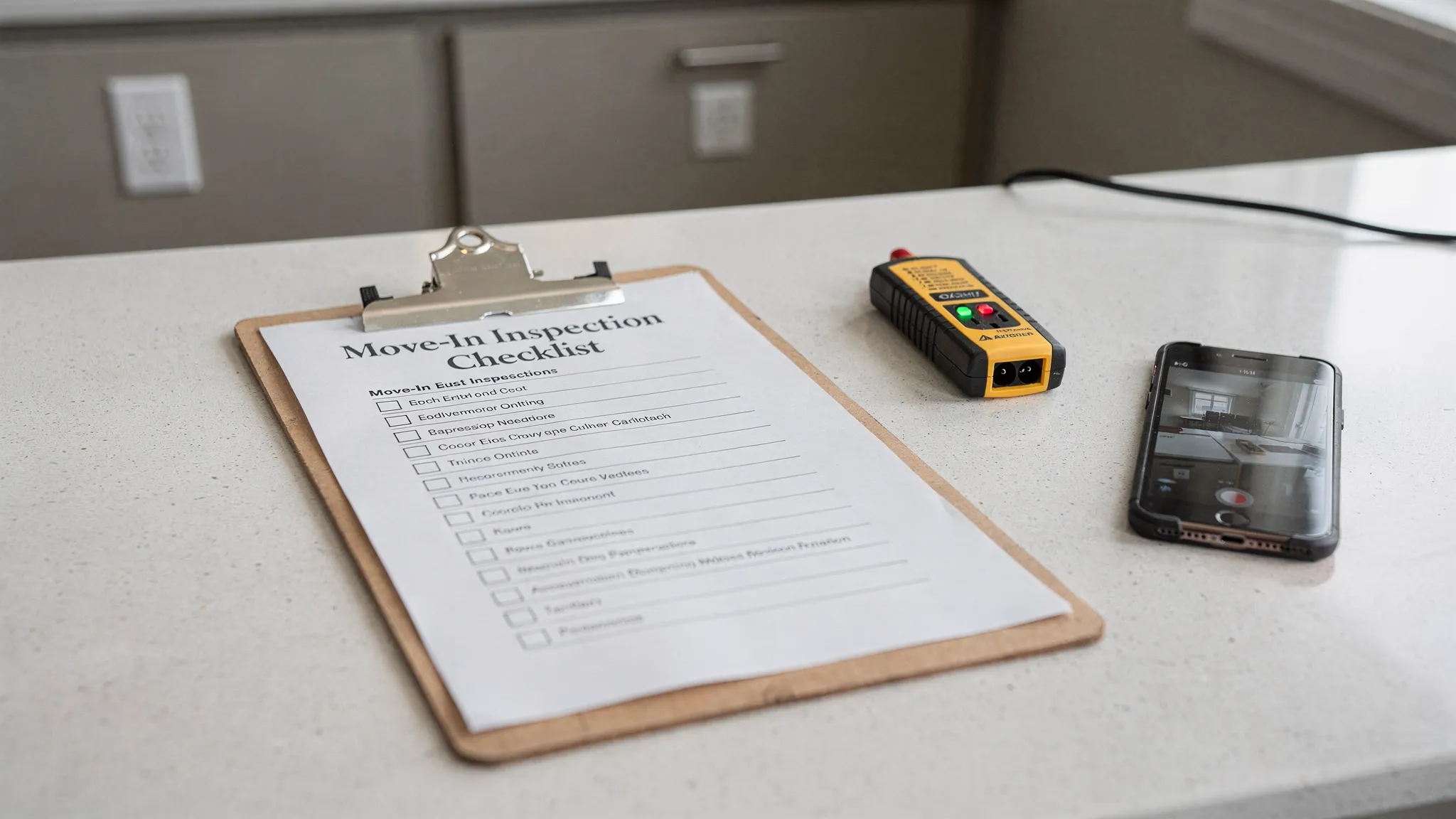 A close-up of a clipboard move-in inspection checklist next to a simple outlet tester and a phone camera, placed on a kitchen counter inside a manufactured home.
