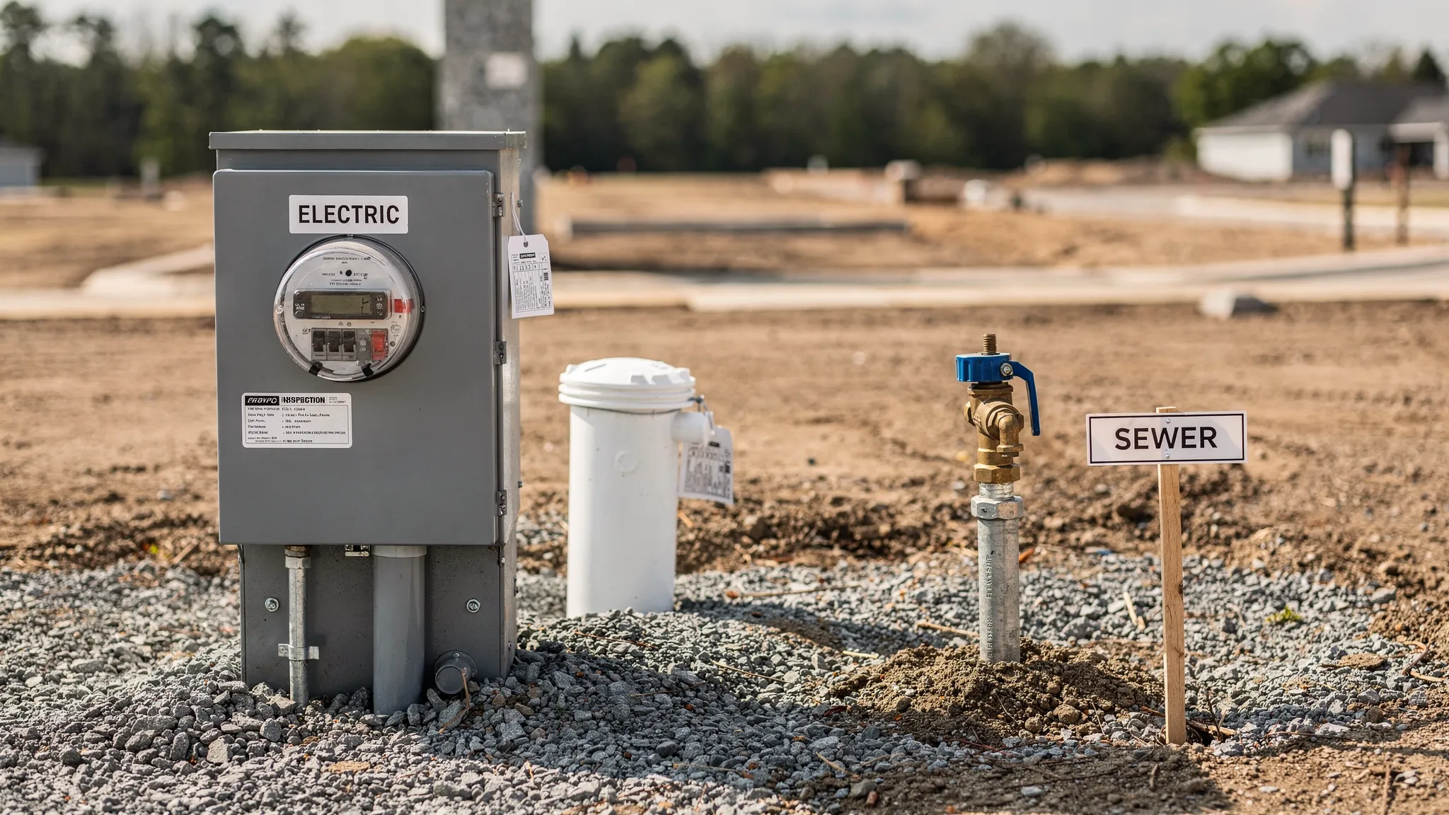 A close-up view of a prepared manufactured home lot showing a utility pedestal with electric meter and breakers, a nearby water spigot with shutoff valve, and a sewer cleanout pipe, all clearly labeled for inspection.