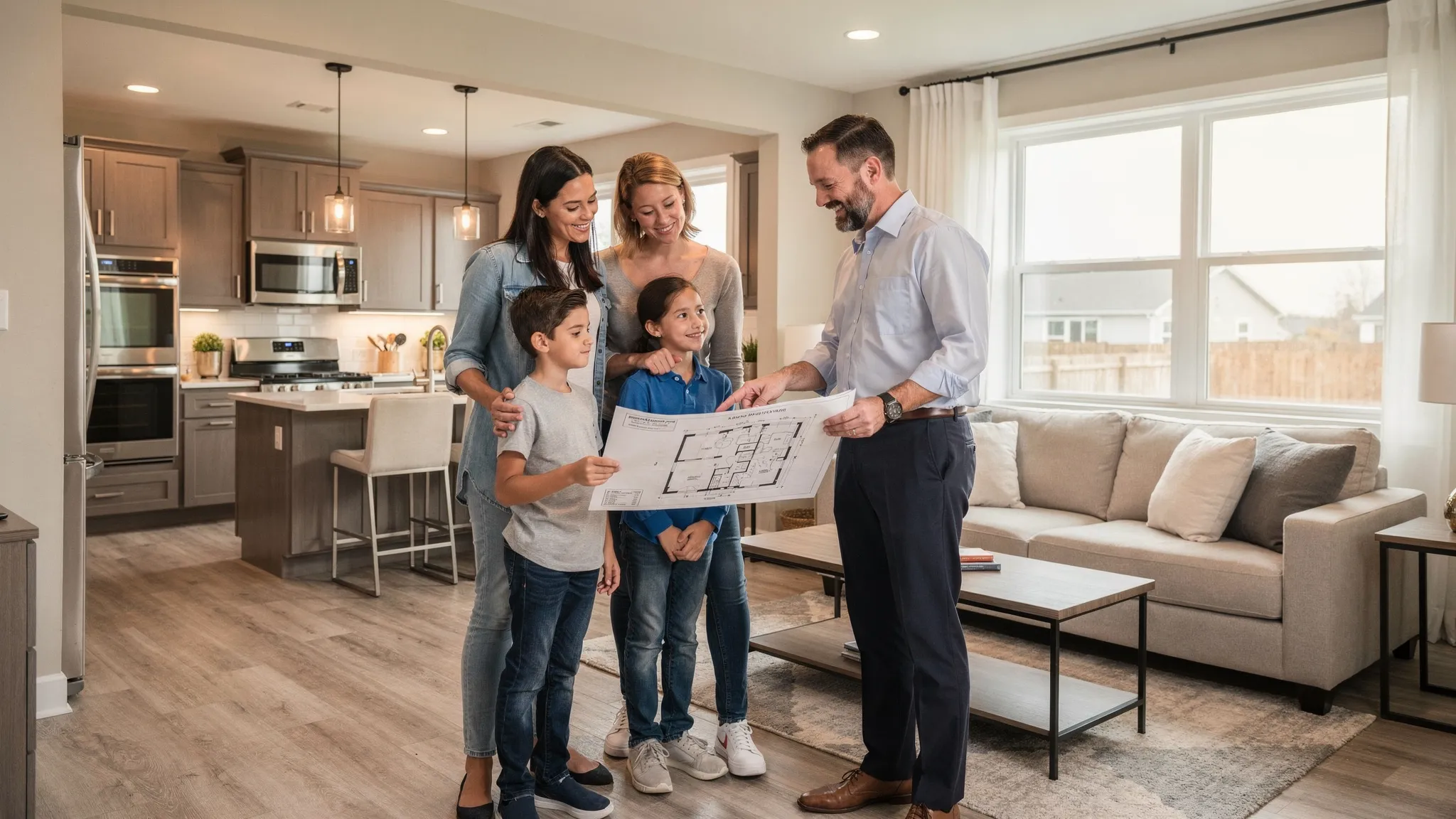 A family and a housing specialist walking through a bright, modern manufactured home interior with an open kitchen and living area, reviewing a printed floor plan together.