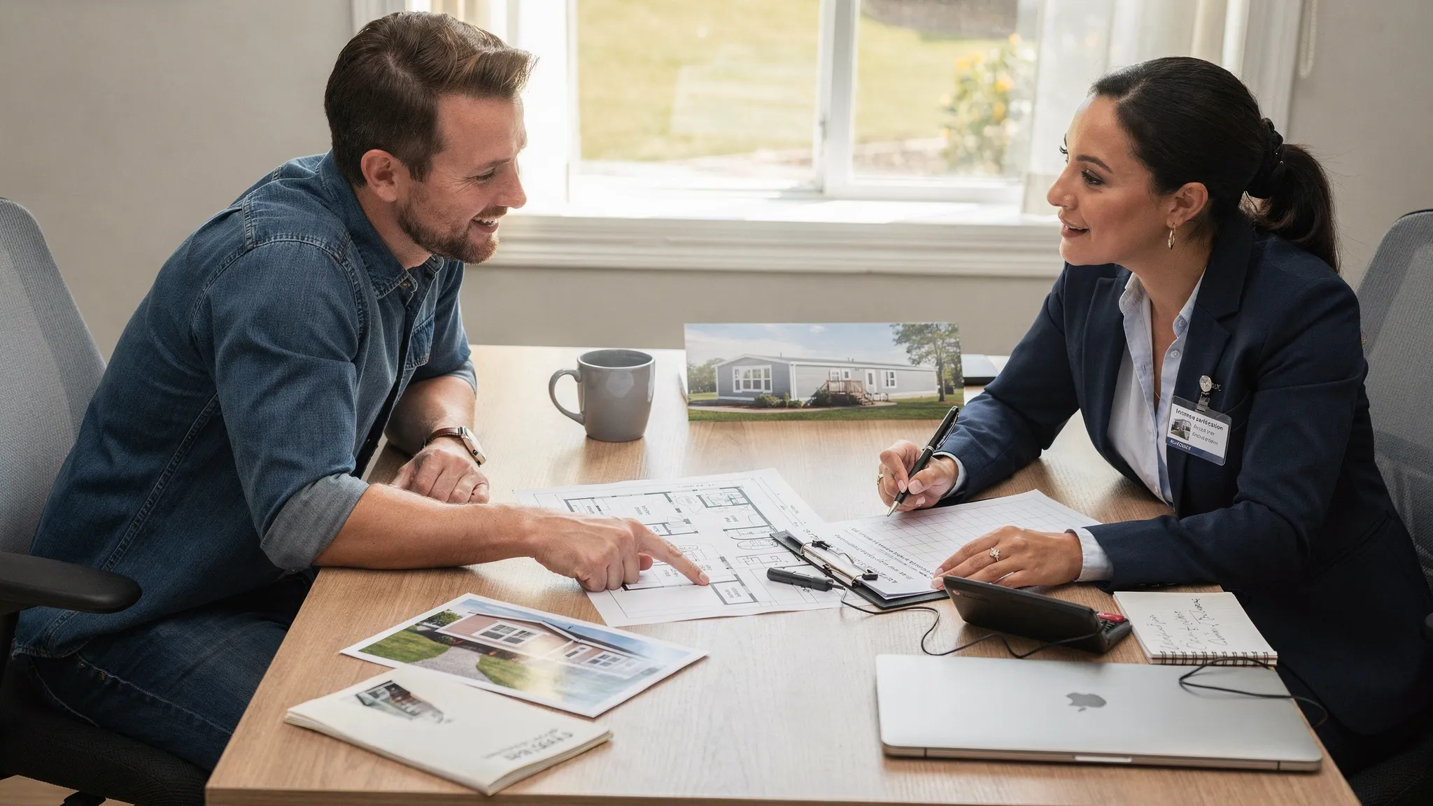 A homebuyer and loan officer sitting at a desk reviewing a manufactured home floor plan and a loan checklist, with a model home photo on paper and a calculator nearby.