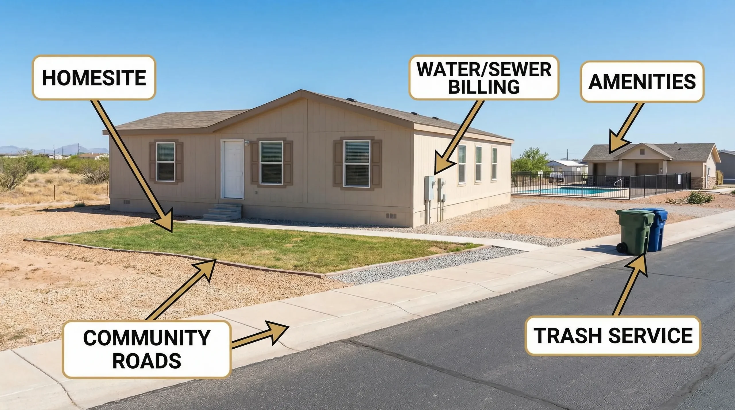 A manufactured home in a Texas land-lease community with simple callouts pointing to “homesite,” “community roads,” “trash service,” “water/sewer billing,” and “amenities,” illustrating what may or may not be included in lot rent.