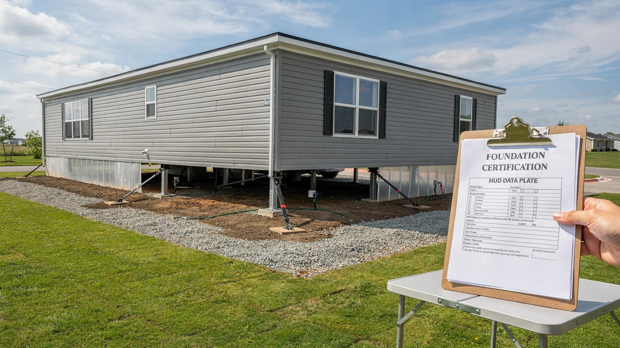 A manufactured home on a properly prepared homesite with visible foundation elements and tie-down/anchoring concept cues, shown alongside a clipboard labeled “Foundation Certification” and “HUD Data Plate.”