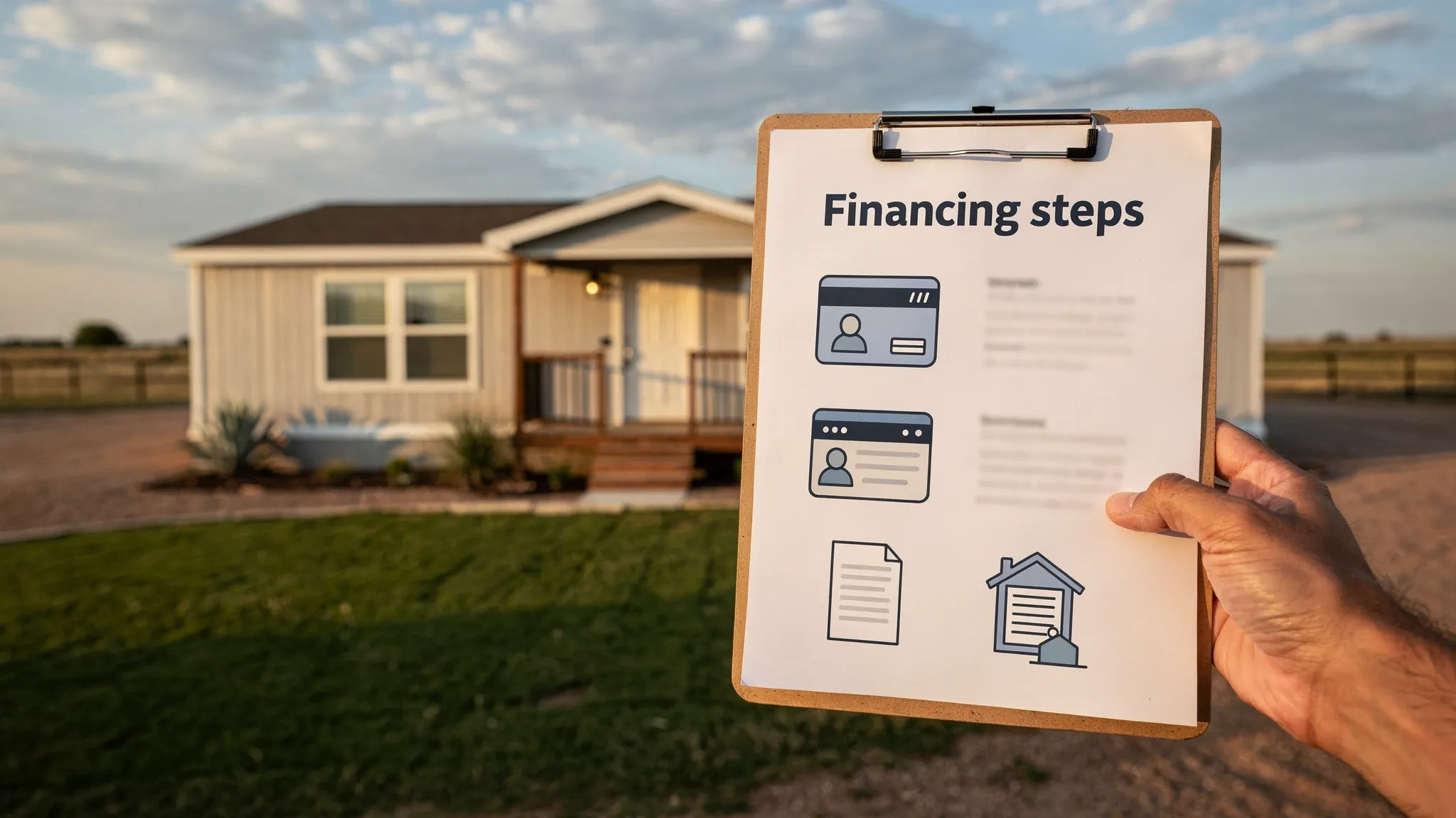 A photo-style scene of a modern manufactured home exterior in a Texas setting with a “Financing steps” clipboard in the foreground, showing paperwork icons (ID, pay stubs, home specs, land info) without readable text.