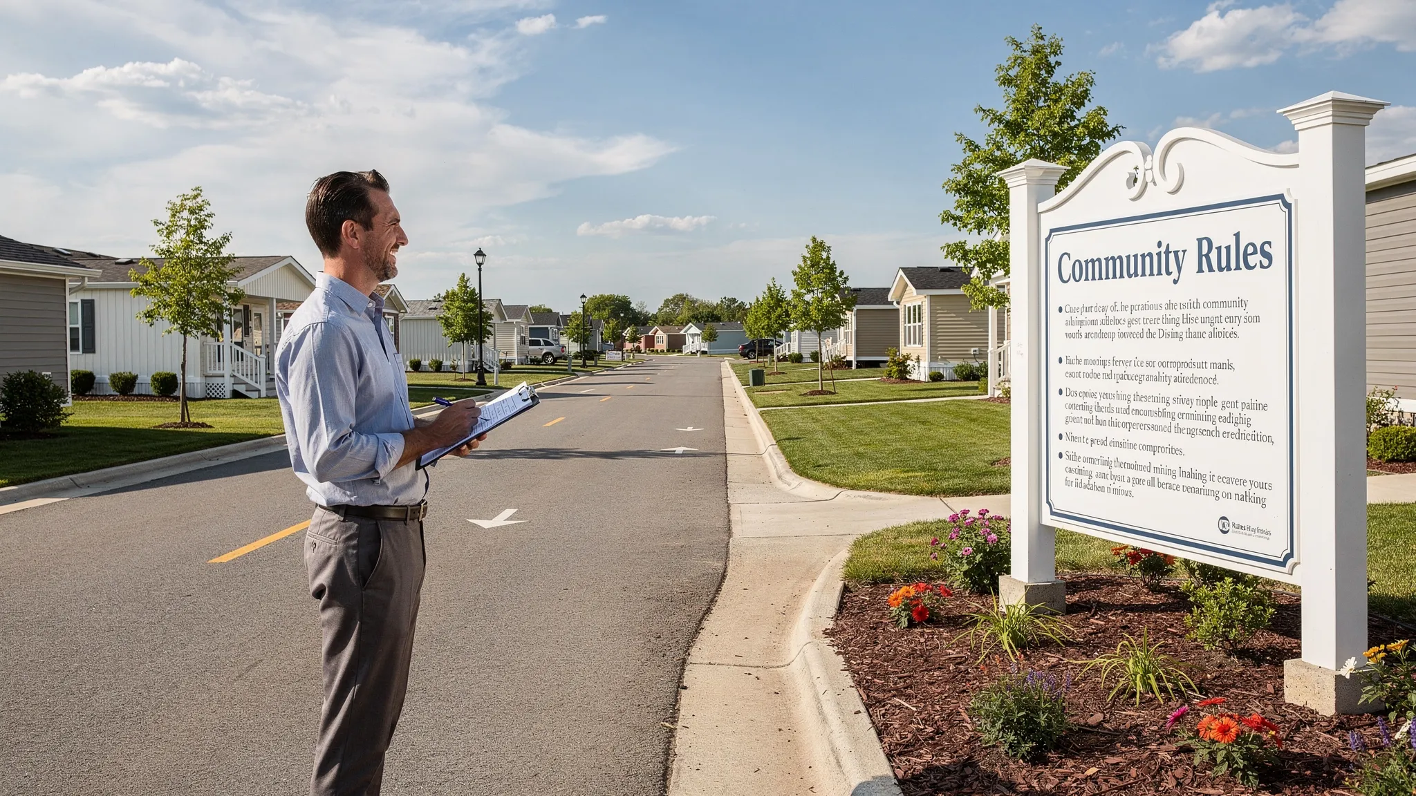 A prospective homebuyer stands near the entrance of a manufactured home community holding a clipboard checklist, with visible signage for community rules and a well maintained roadway in the background.