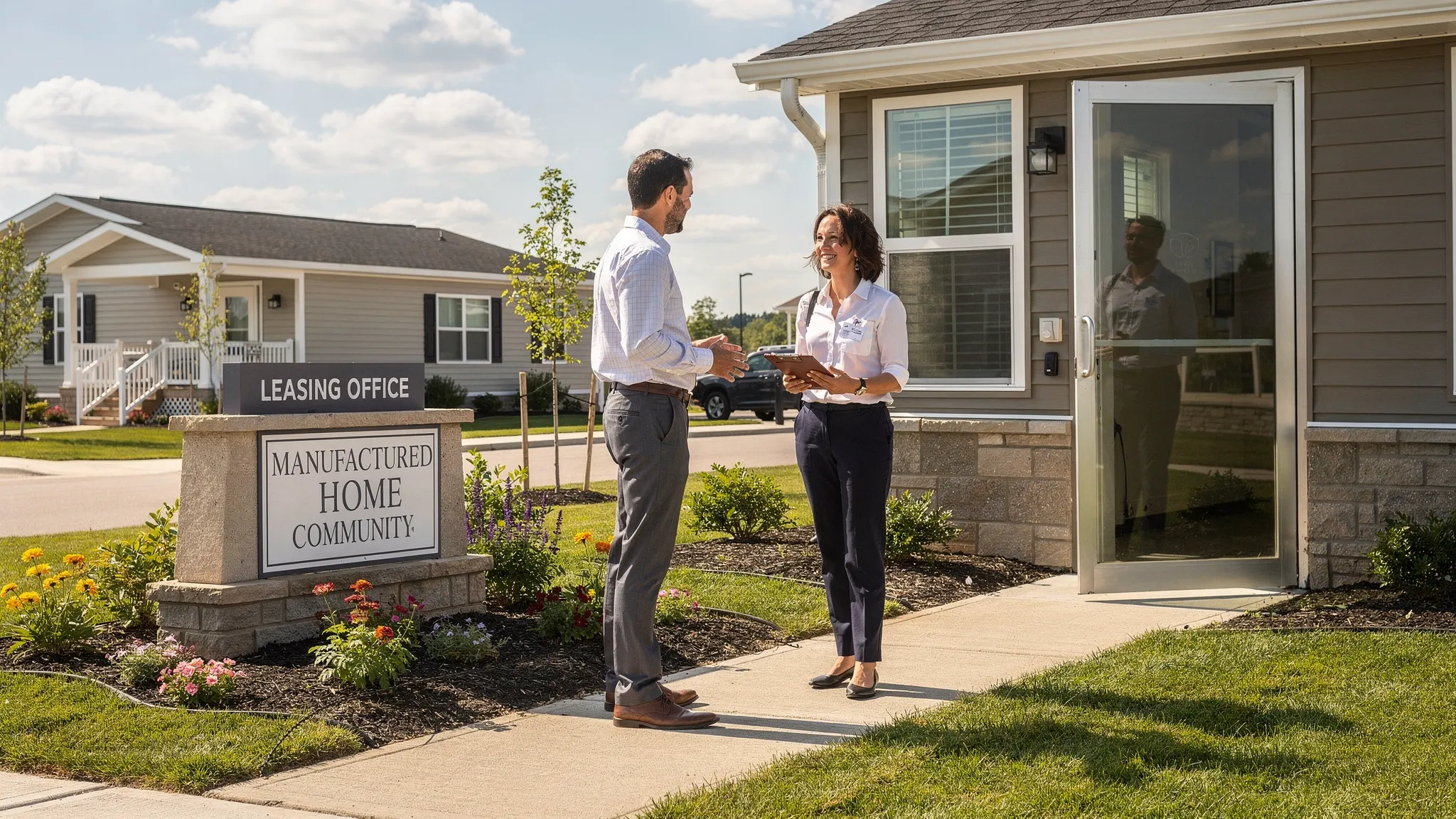 A realistic scene of a person meeting a community manager outside a manufactured home community leasing office, with visible community signage and a nearby move-in ready manufactured home in the background.