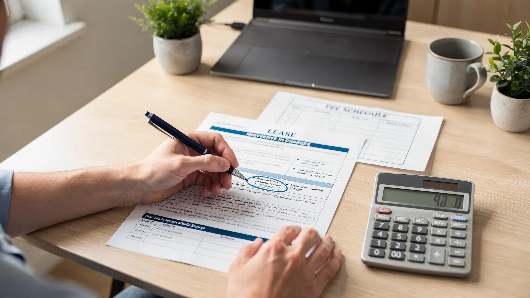 A renter reviewing a lease at a kitchen table with a printed fee schedule checklist, a calculator, and a pen, highlighting move-in charges like deposit, utilities, and pet fees.