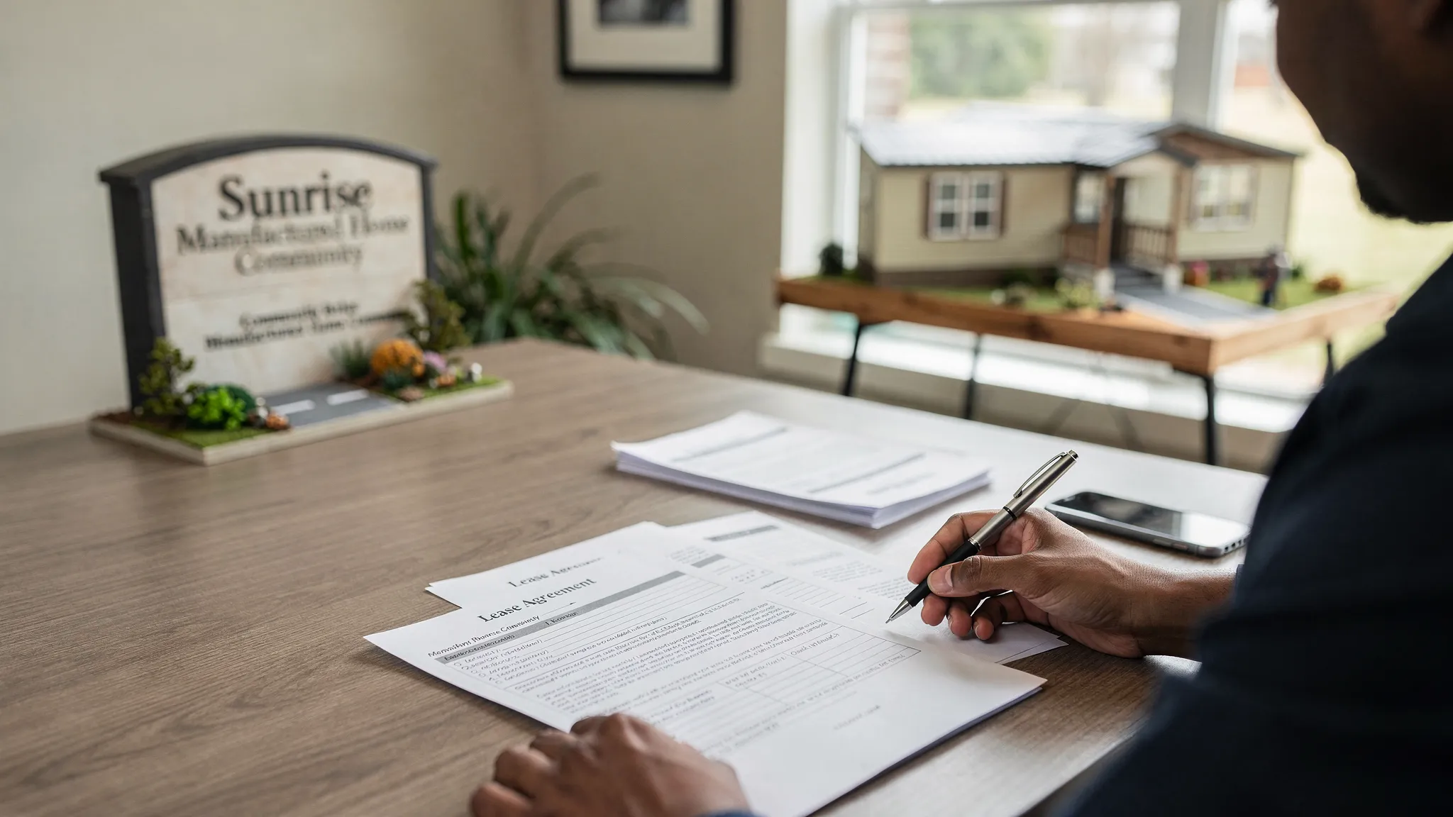 A renter reviewing a manufactured home community lease agreement at a table, with a model manufactured home and community entrance sign visible in the background.
